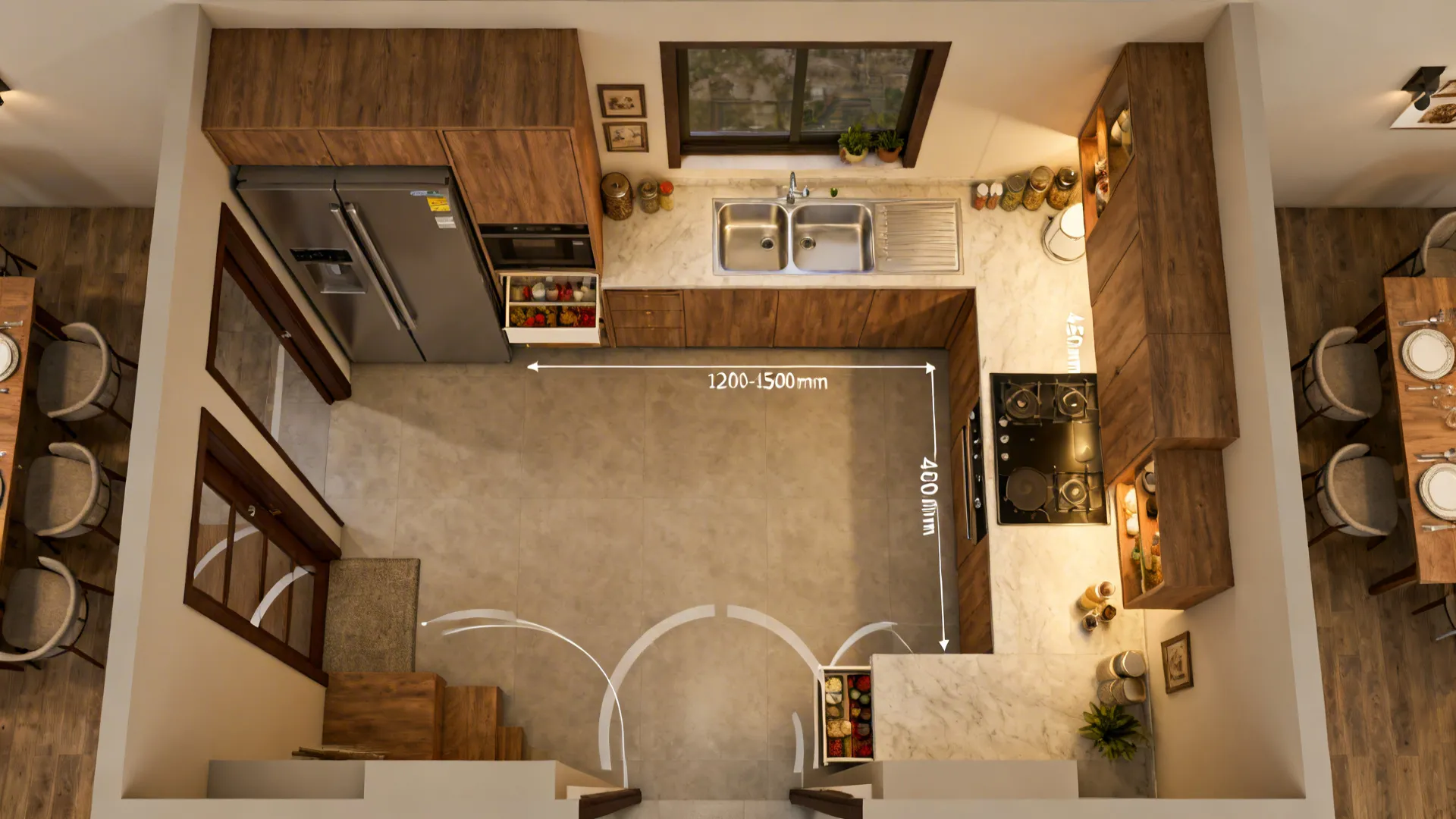 Top-down compact kitchen plan showing fridge and pantry zone, sink prep run, and hob with clear landing areas.