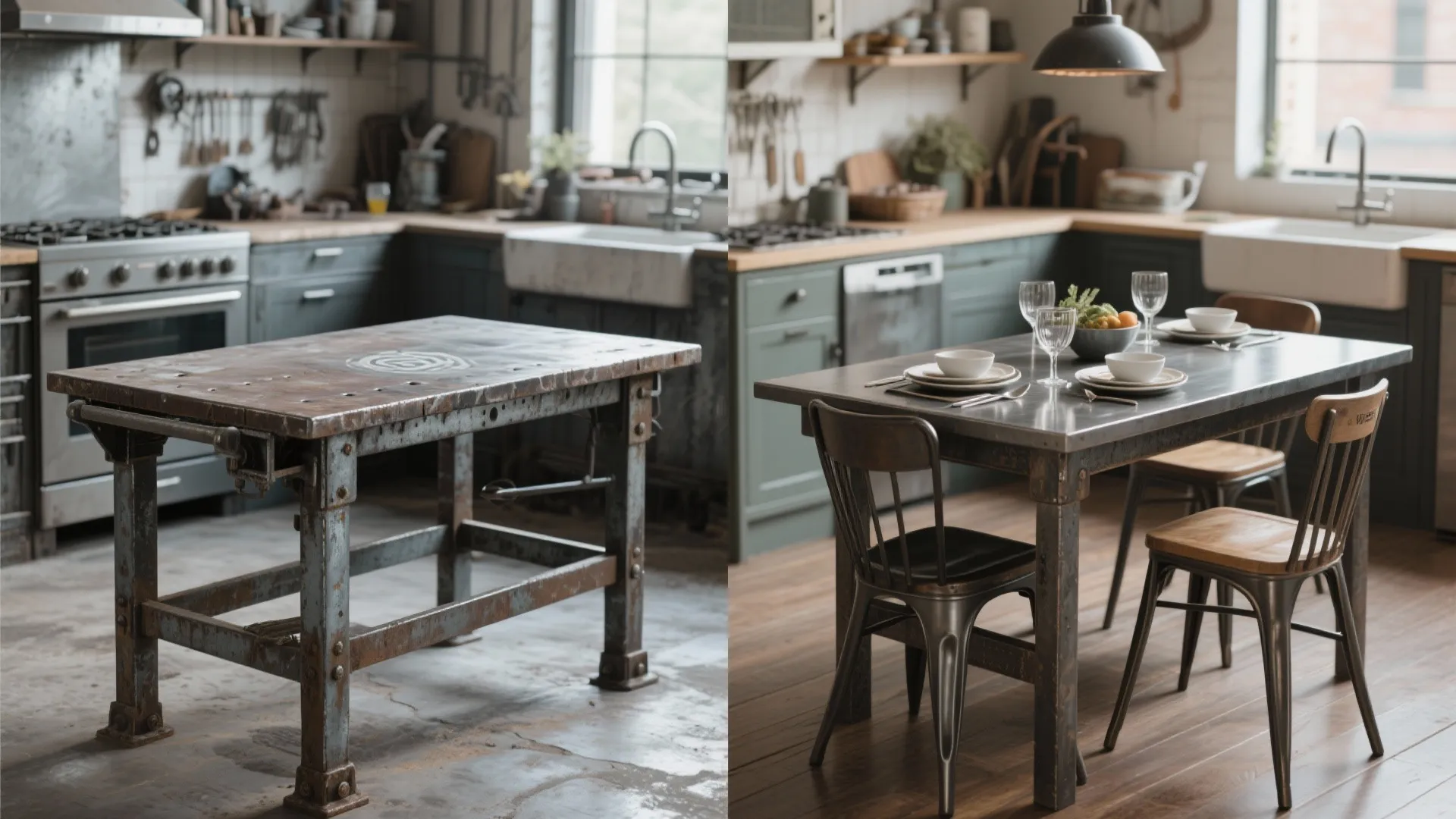 Before and after comparison of old industrial metal workbench converted into a modern dining table