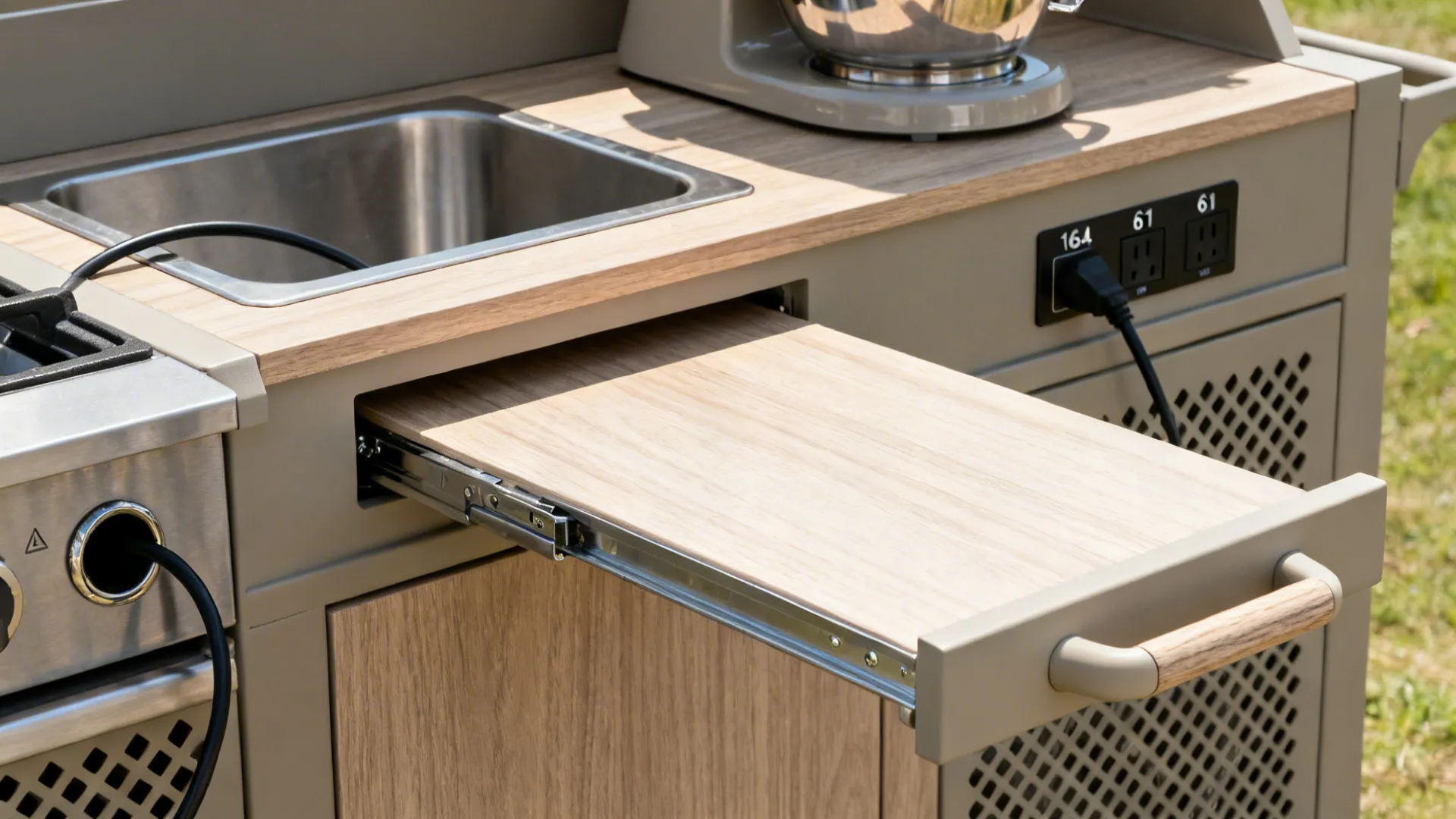 Close-up of a pull-out workboard and mixer nook with outlets and ventilation gaps.