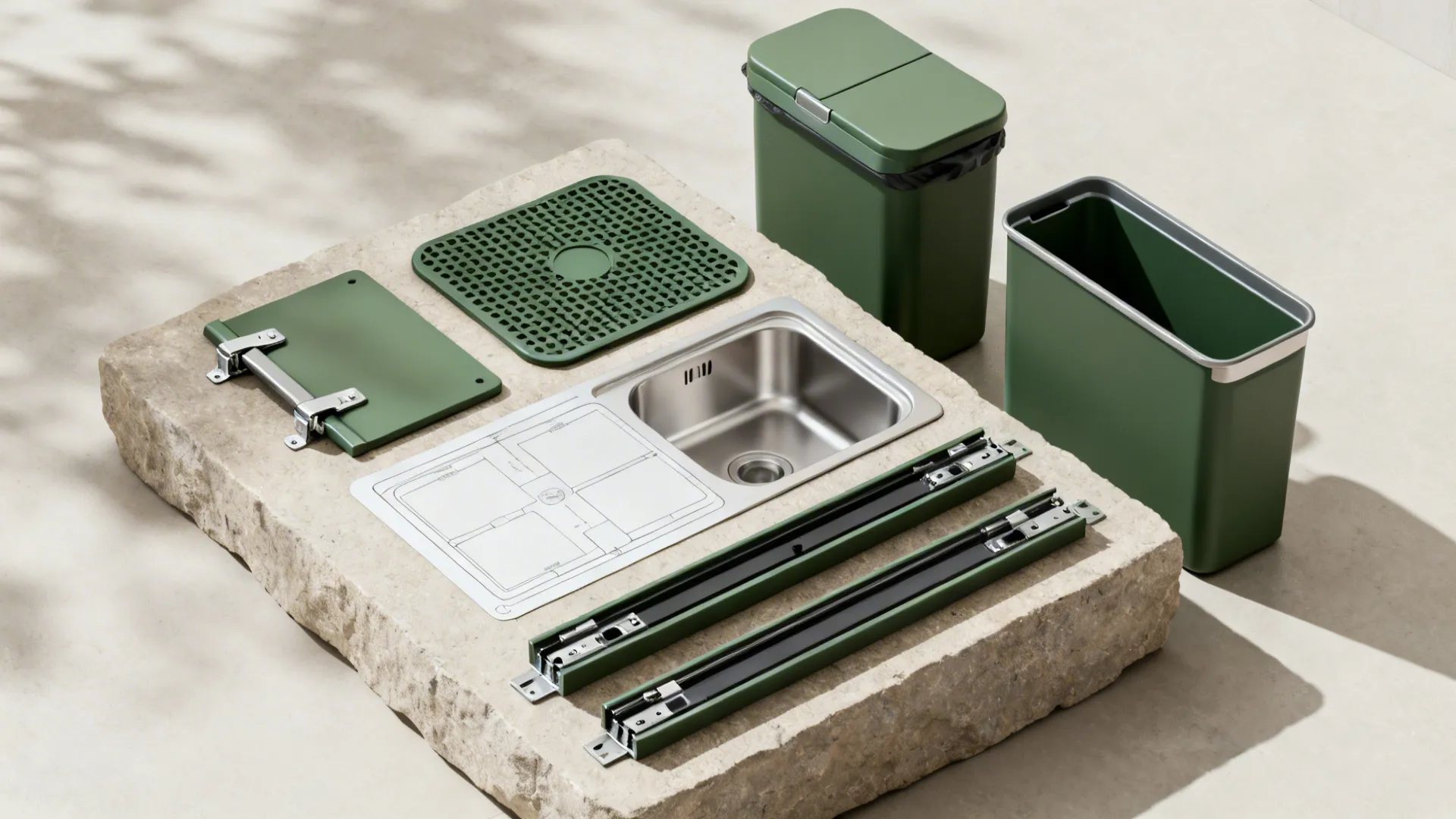 Green kitchen accessories including small sink trash bins and drawer slides displayed on stone block
