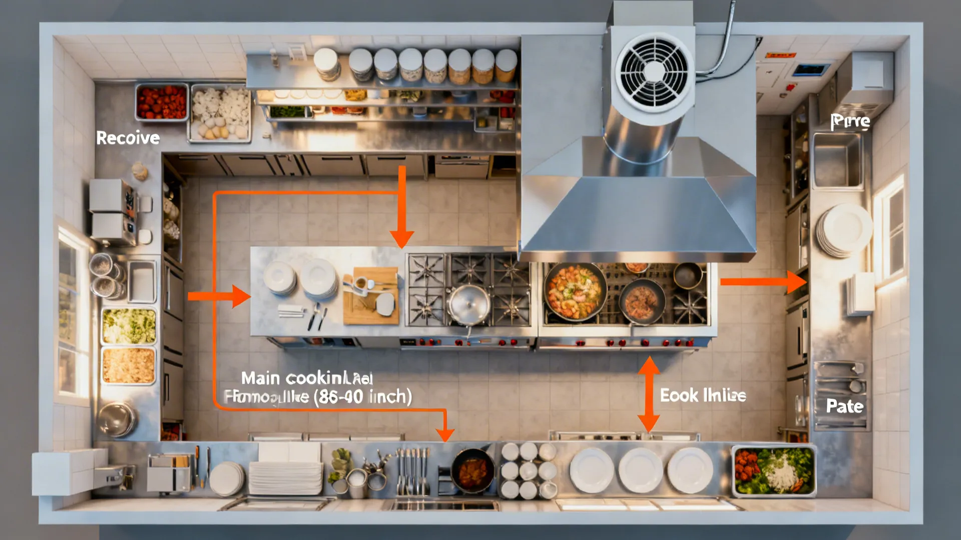 Top-down kitchen plan view illustrating clear aisles, separated dish path, and linear production flow.