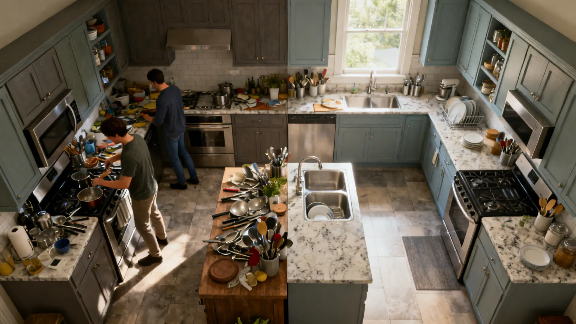 Before-and-after comparison of kitchen layout showing improved work triangle and clear routes.