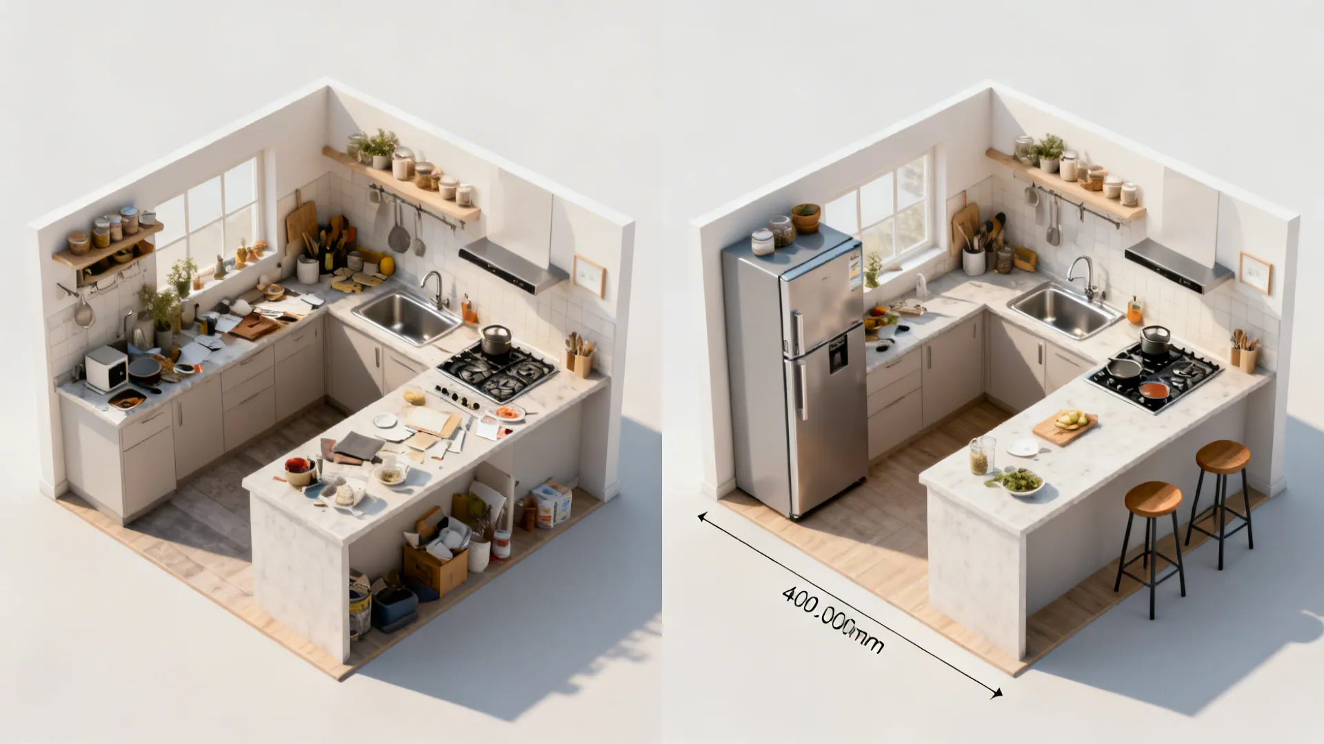 Split view comparing a cluttered L-shaped kitchen layout and an optimized island workflow.