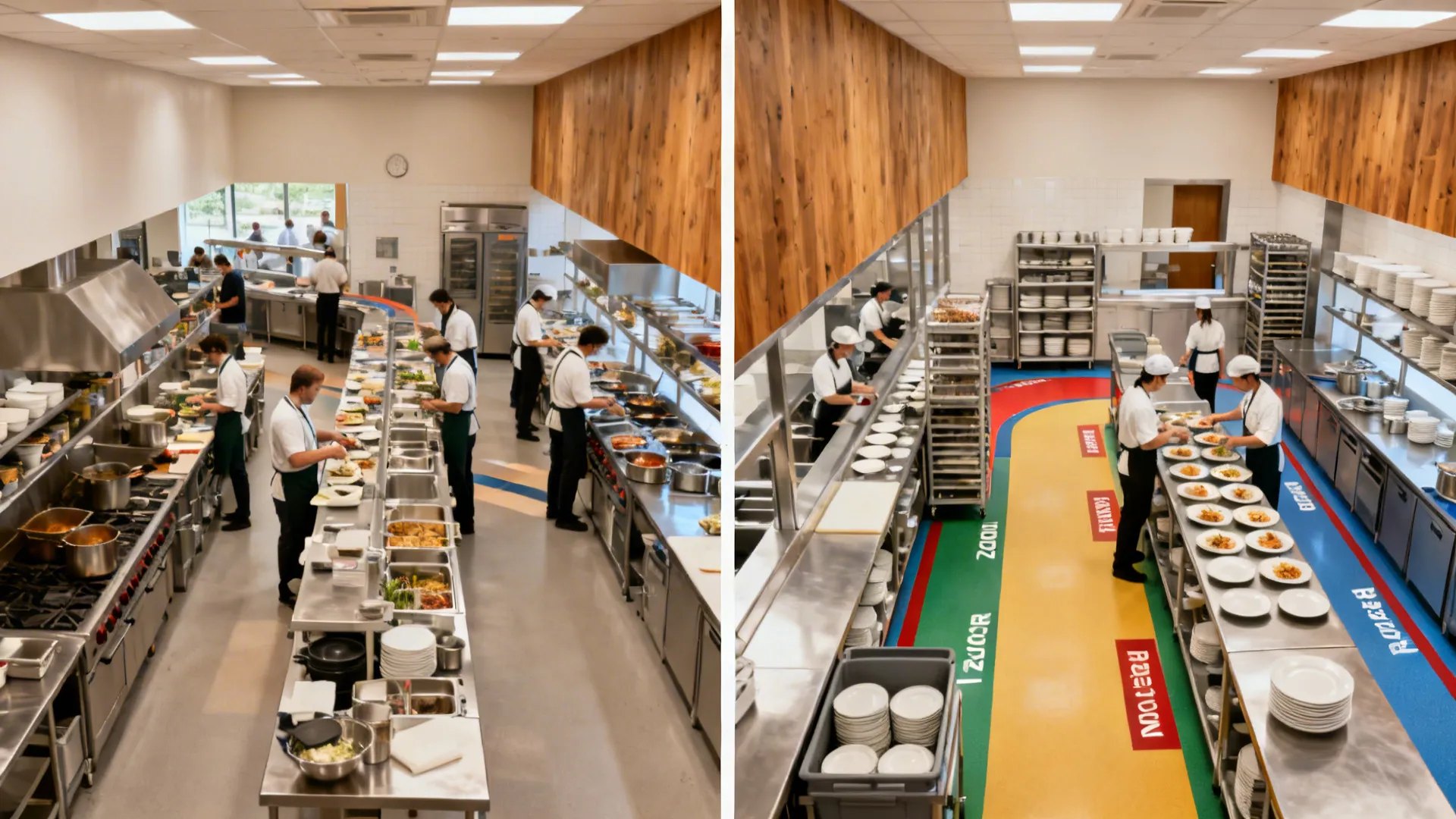 Side-by-side comparison of a commercial kitchen before and after organizing work areas with colored flooring