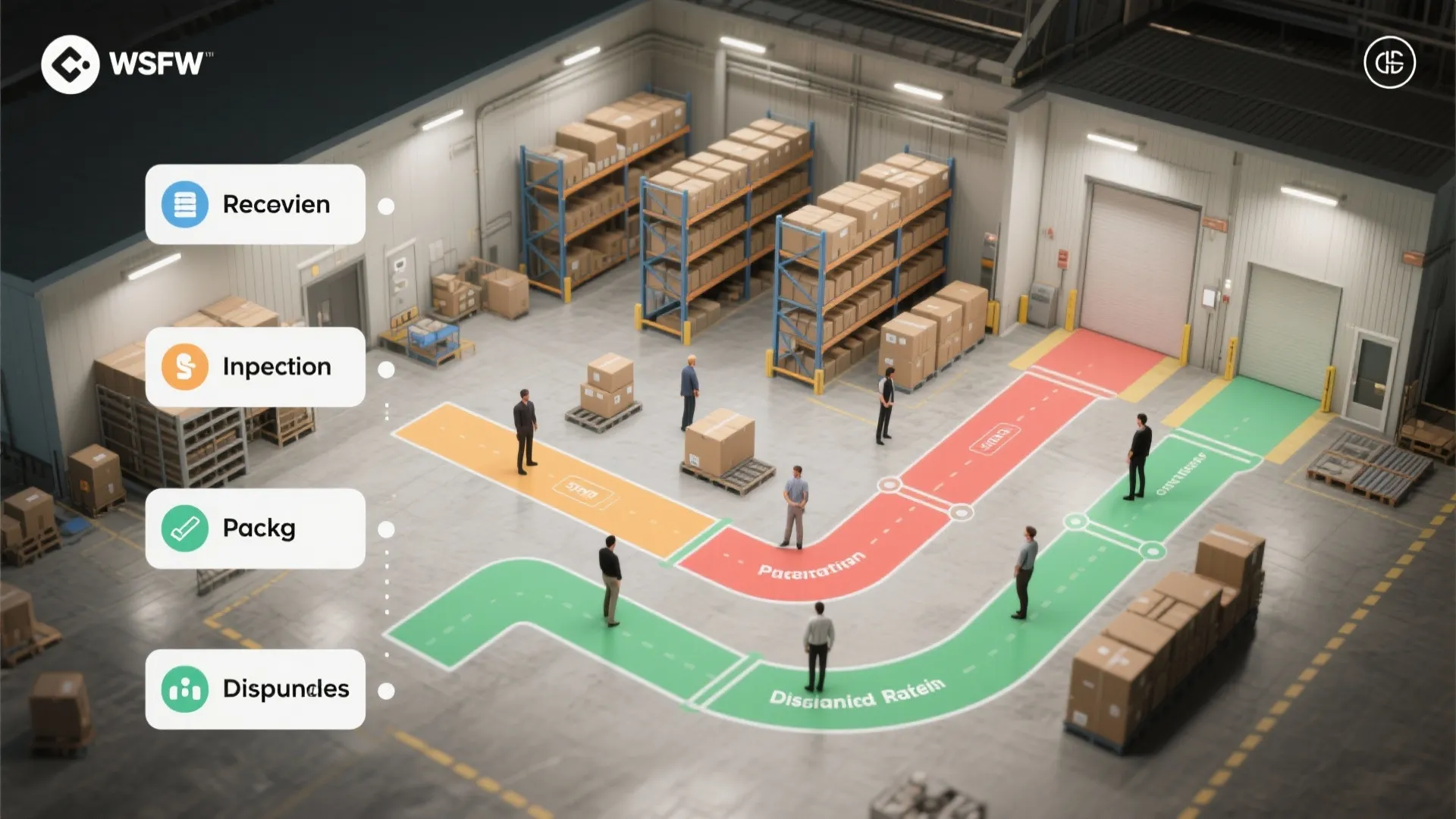 Flowchart showing warehouse process steps including receiving and packing with workers and colorful floor paths