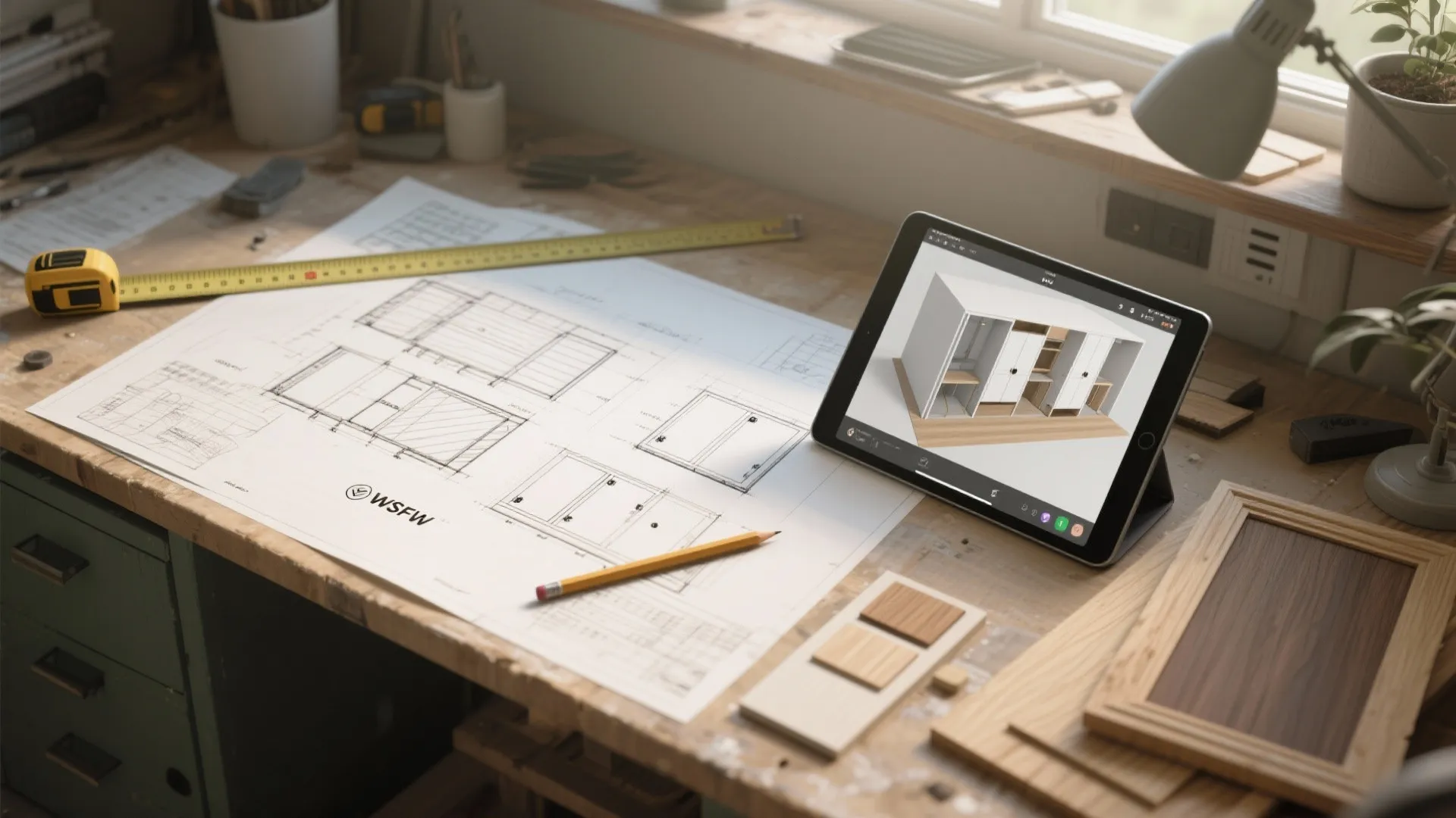 Wooden desk with paper interior design drawing tablet showing 3D model pencil and yellow tape measure