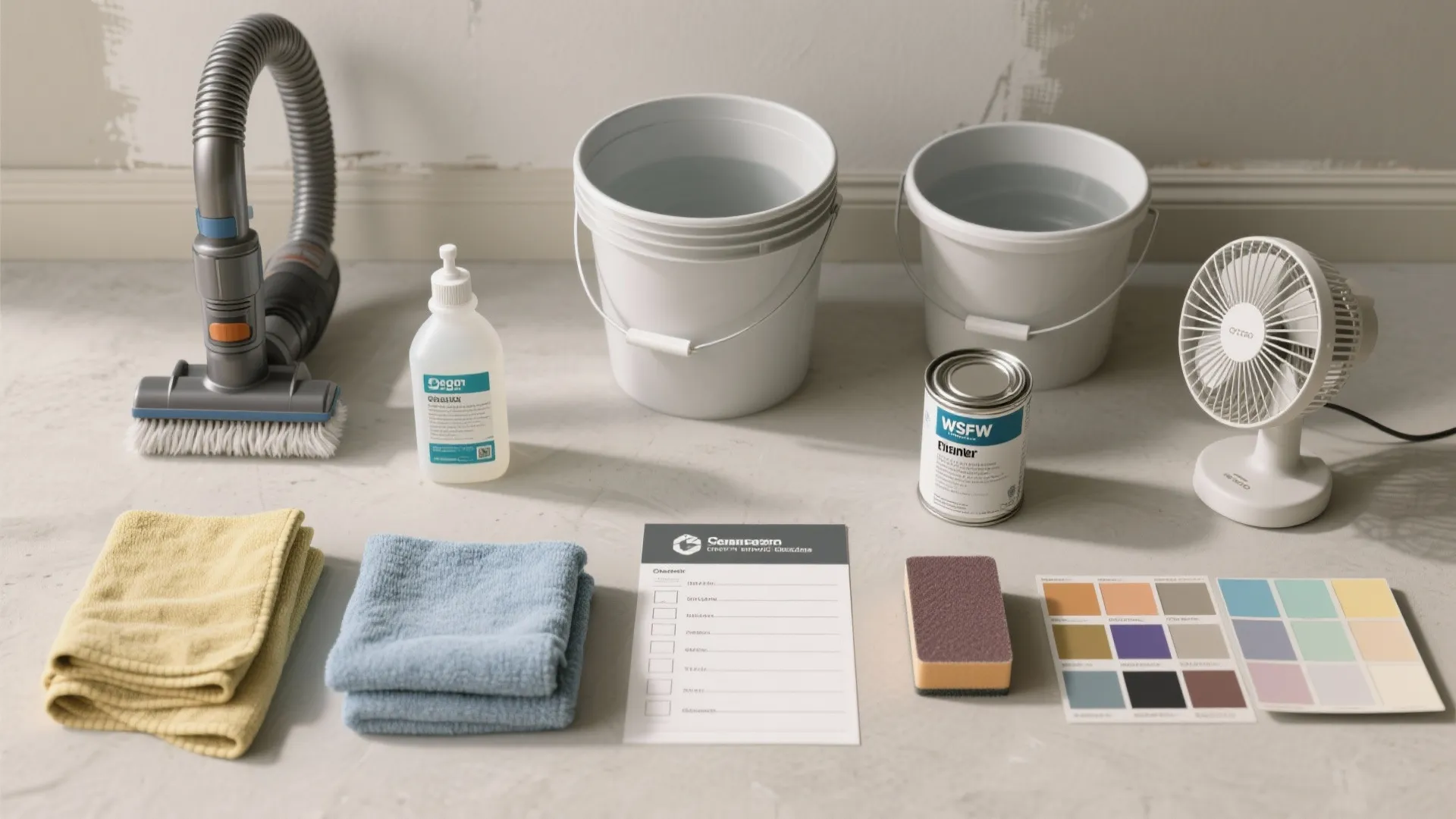 Home improvement tools with buckets and vacuum and fan and cleaning cloths on floor surface