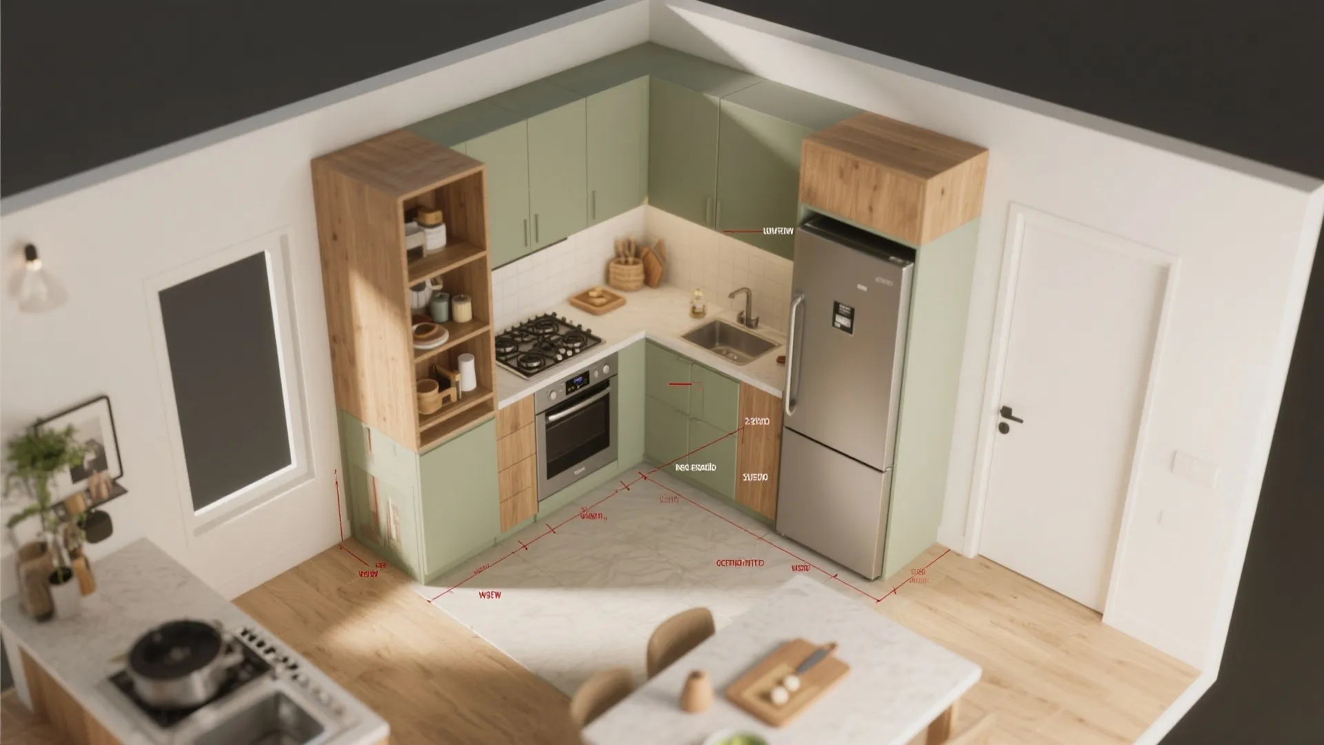 Modern green and wood kitchen layout drawing with fridge oven sink stove and marble flooring