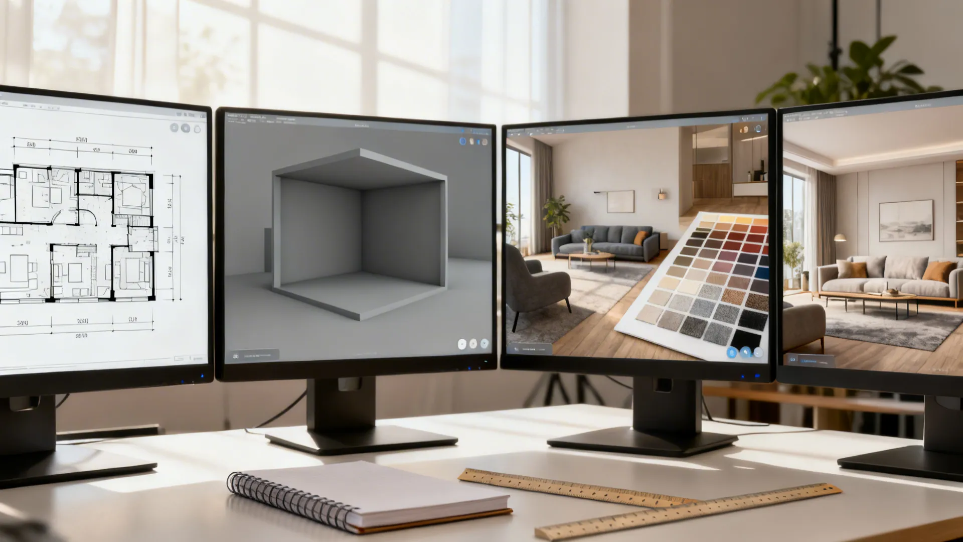 A desk scene showing a four-step progression from a dimensioned floor plan to a furnished photoreal interior render on a computer screen.