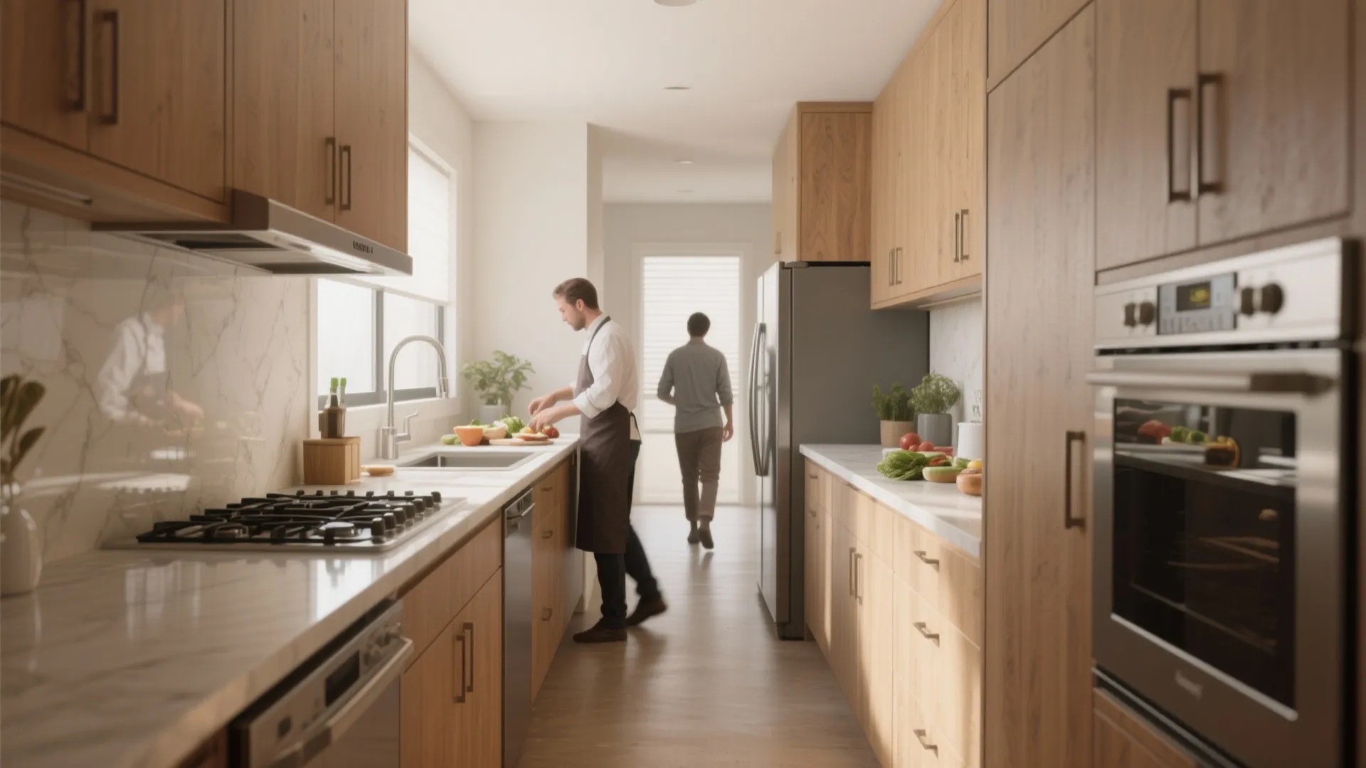 Modern galley kitchen with wood cabinets marble countertops stainless appliances and person preparing fresh food