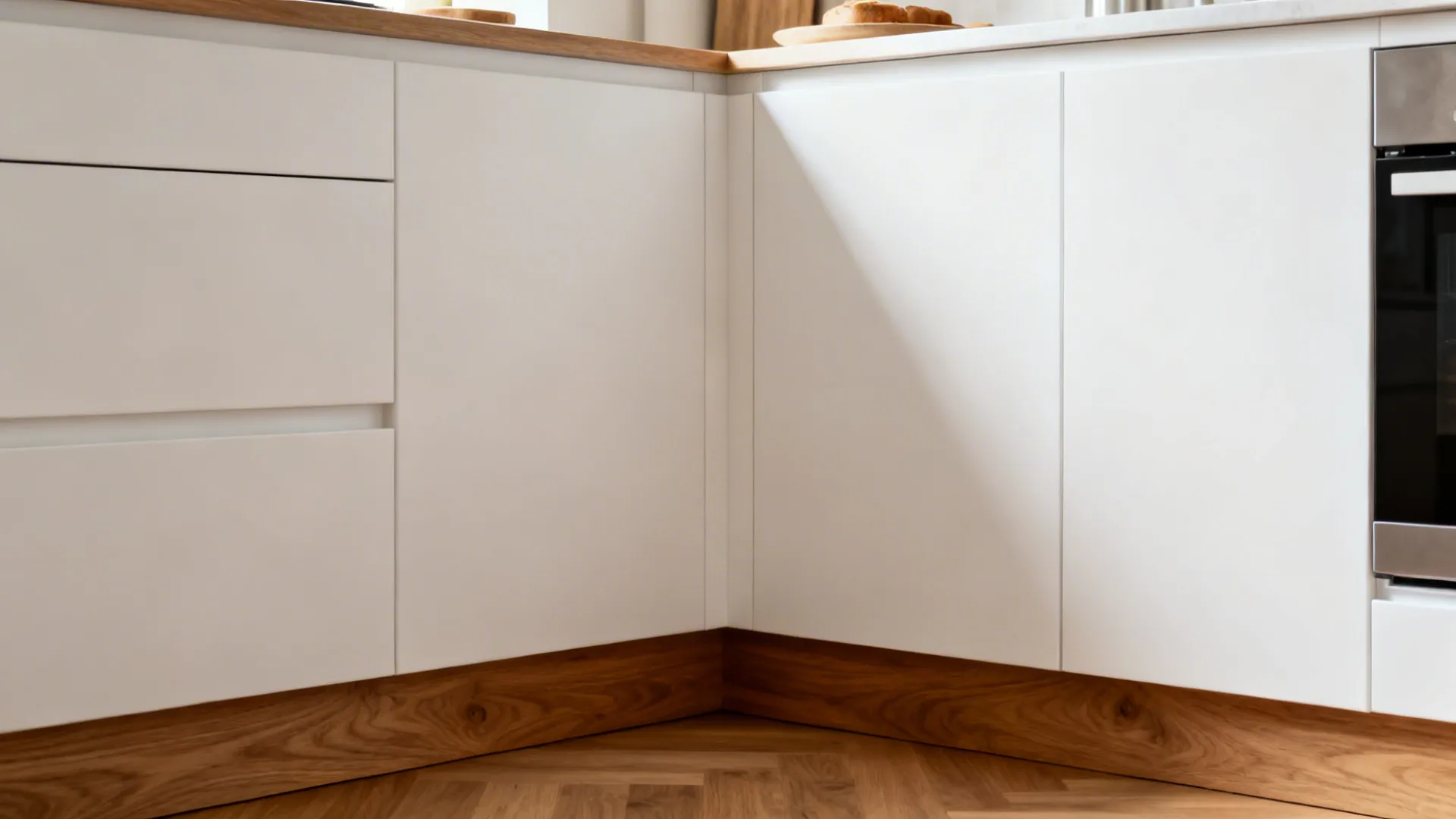 Modern kitchen corner with clean reveals and aligned wood grain reflecting a precise workflow.