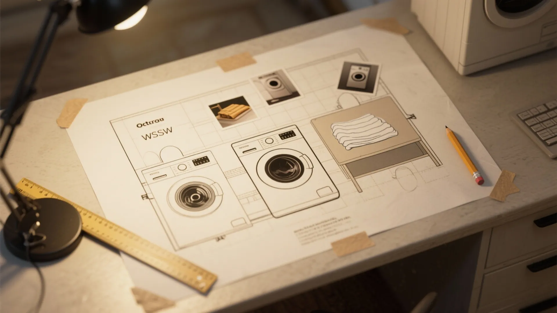 Interior design drawing of a laundry room layout with washing machines on a messy desk