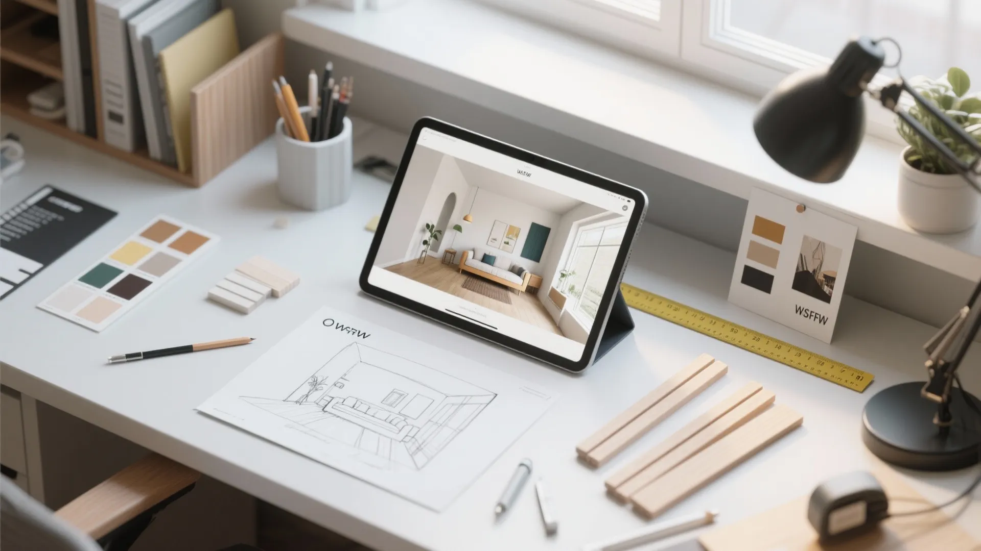 Top-down view of a designer desk with sketches, 3D mockup on a tablet, and material samples for panelling planning.