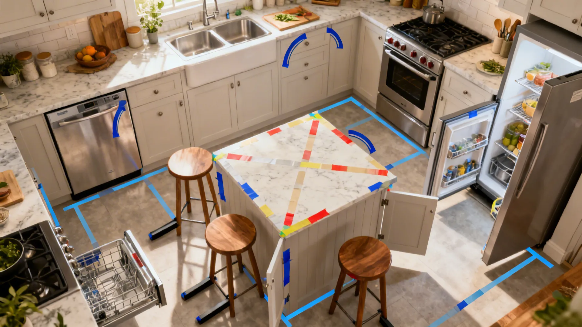 Top-down mock-up with painter’s tape showing island size, stool positions, and appliance swing arcs.