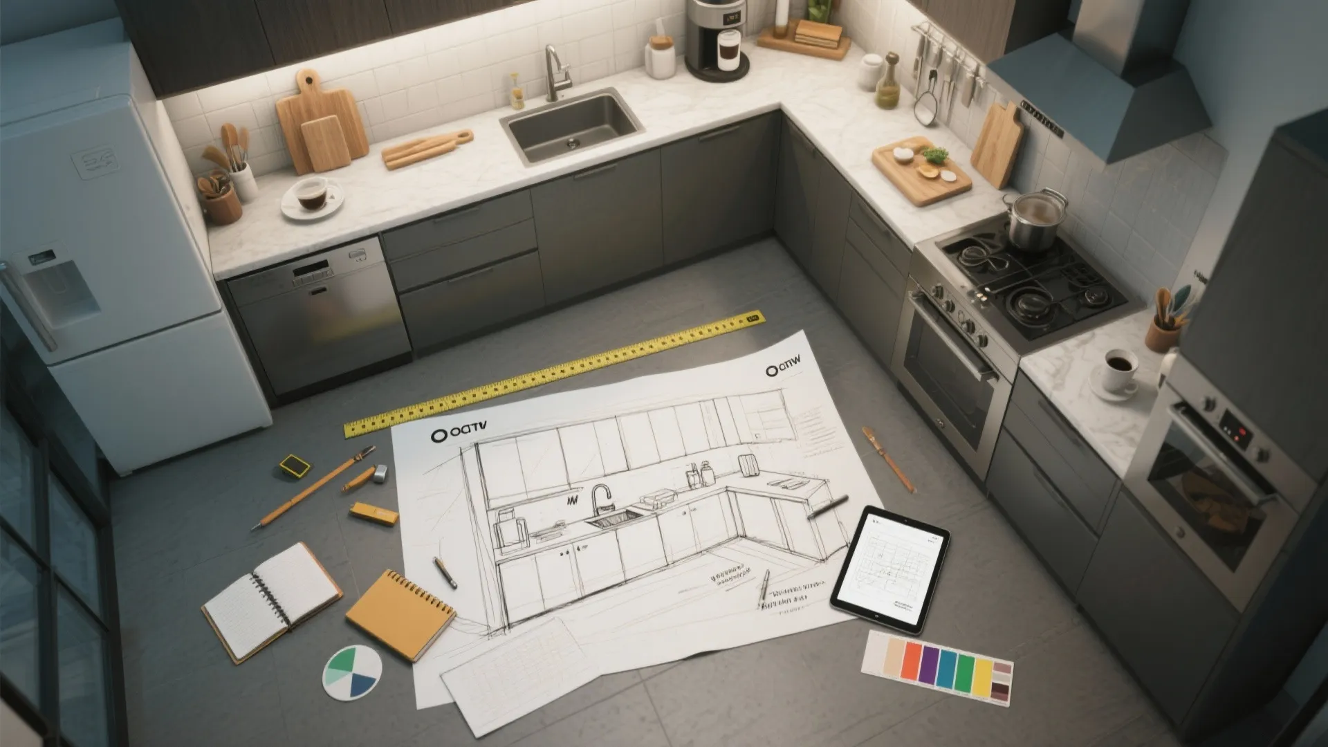 Interior design drawing for a modern kitchen floor with cabinets sink stove and planning tools
