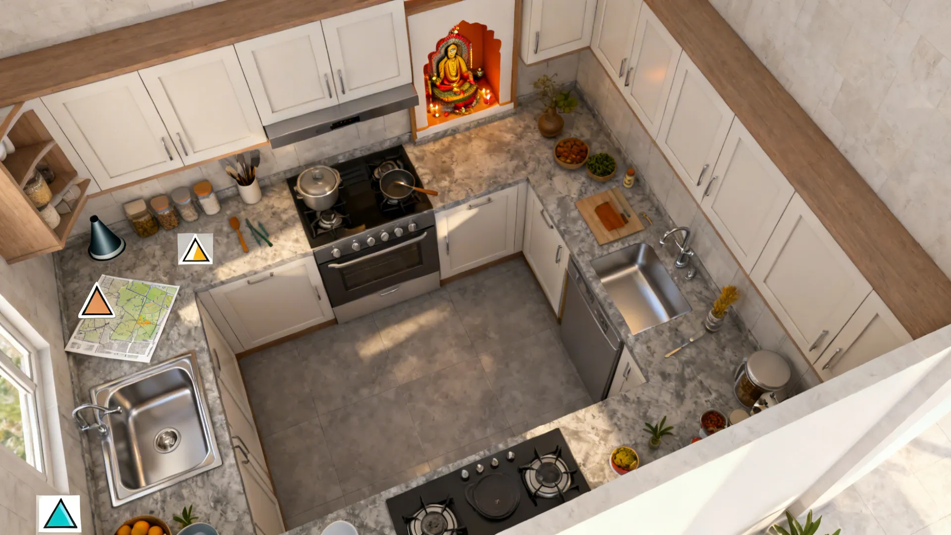 Top-down storyboard showing five steps to plan a kitchen pooja zone with clear buffers and materials.