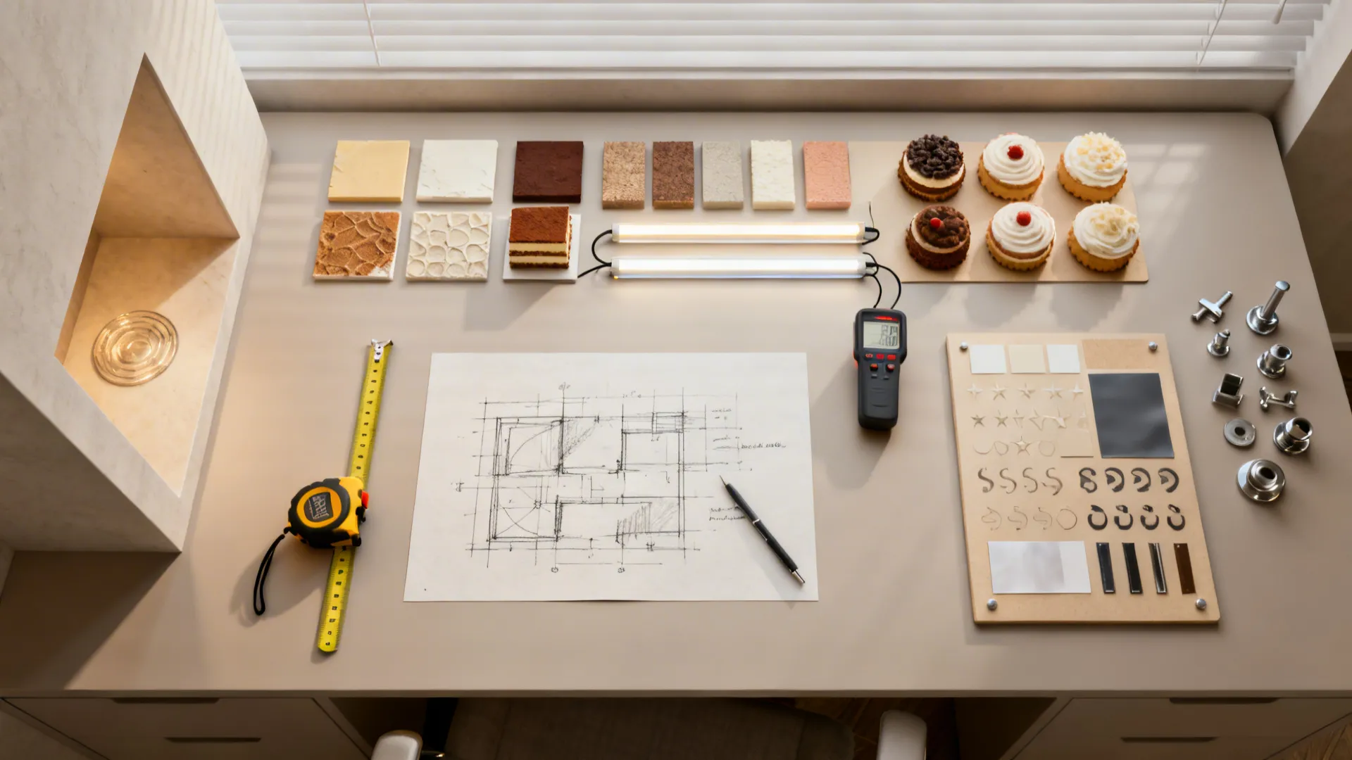 Top view of desk with floor plan sketch pencil tape measure and various design samples