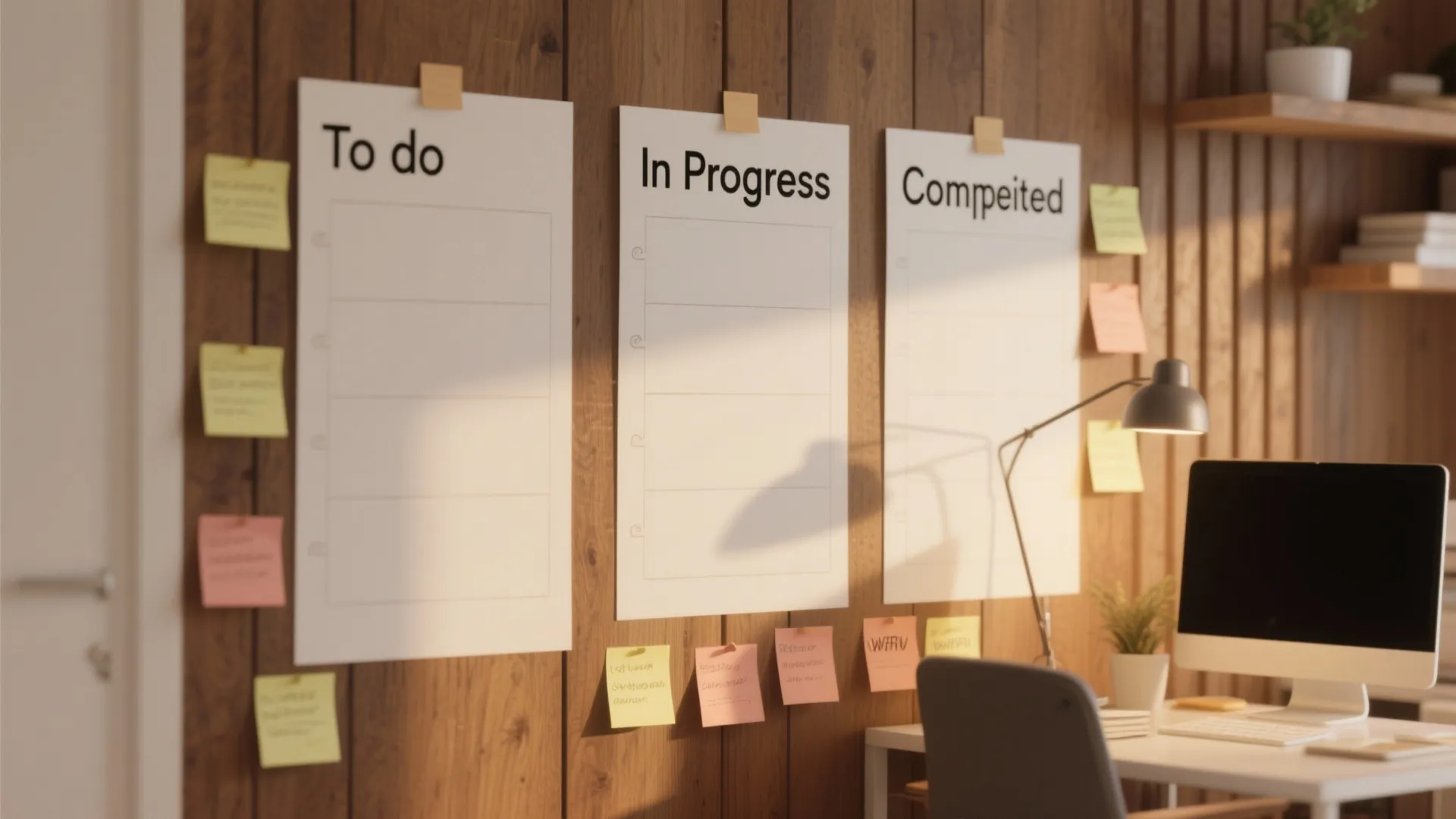 Home office wood wall featuring three large white boards for task management with sticky notes