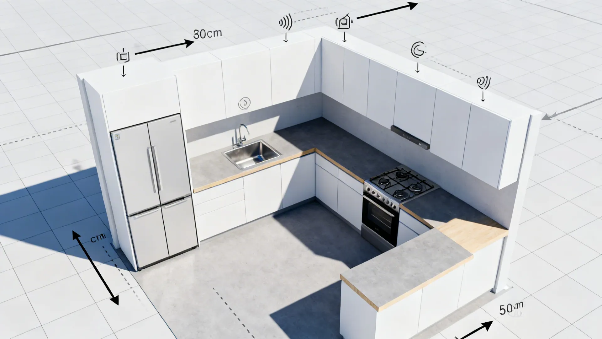 Top-down galley kitchen plan showing fridge-to-sink-to-prep-to-cook workflow zones.