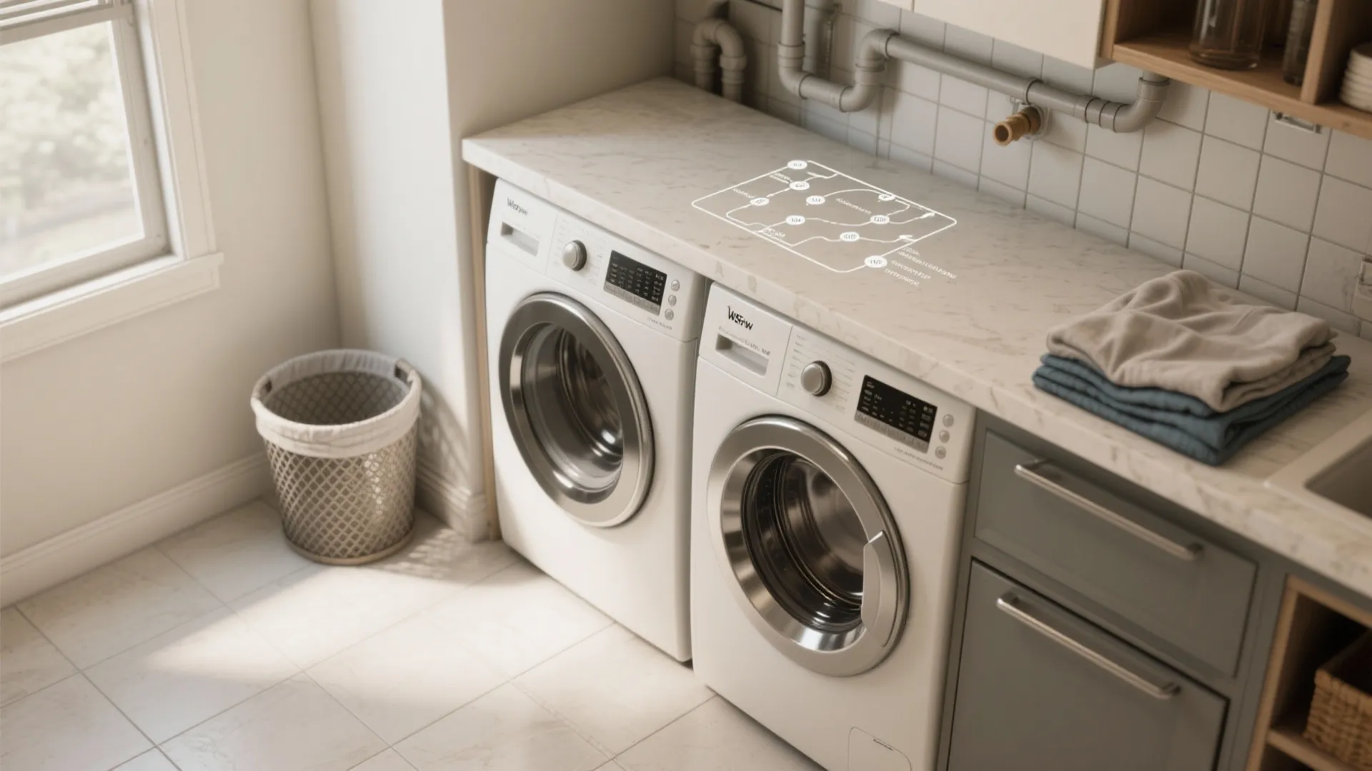 Interior design drawing showing the workflow and placement of washing machines under a marble countertop