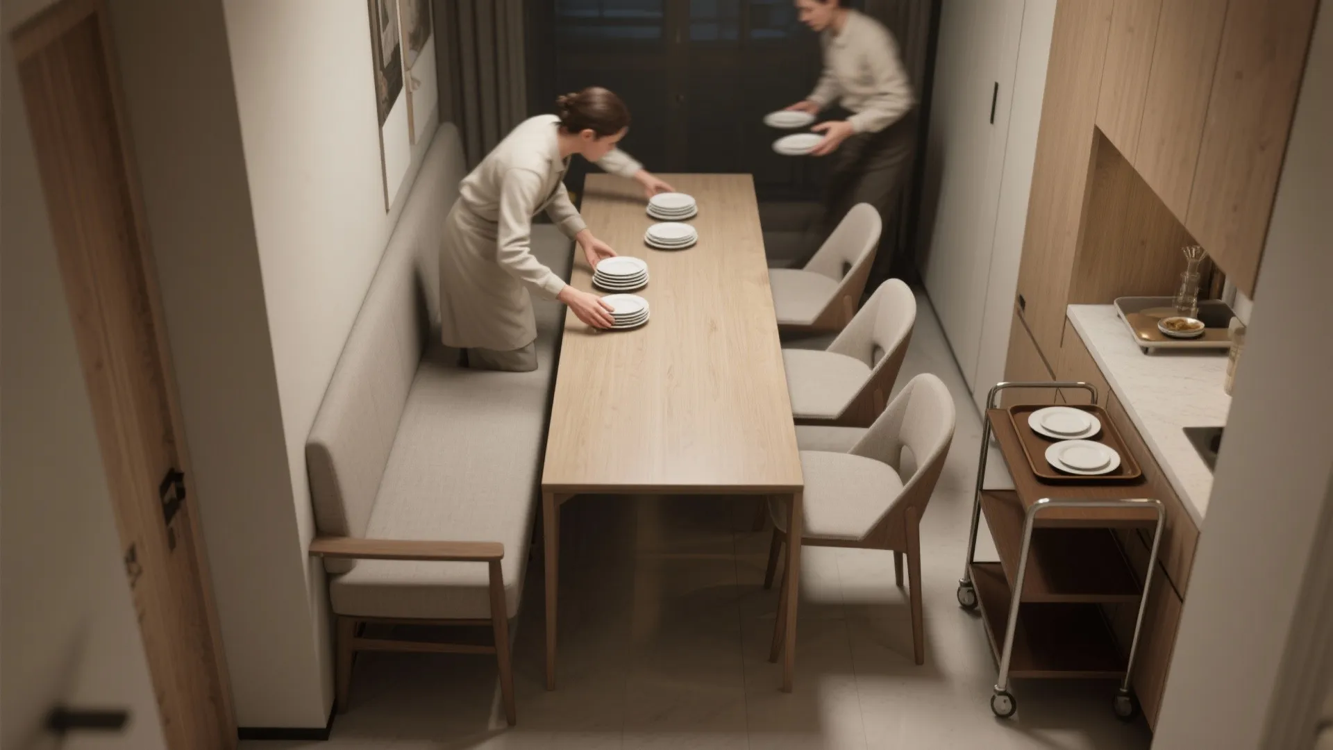 Dining room with a long wooden table and people setting white plates on the table