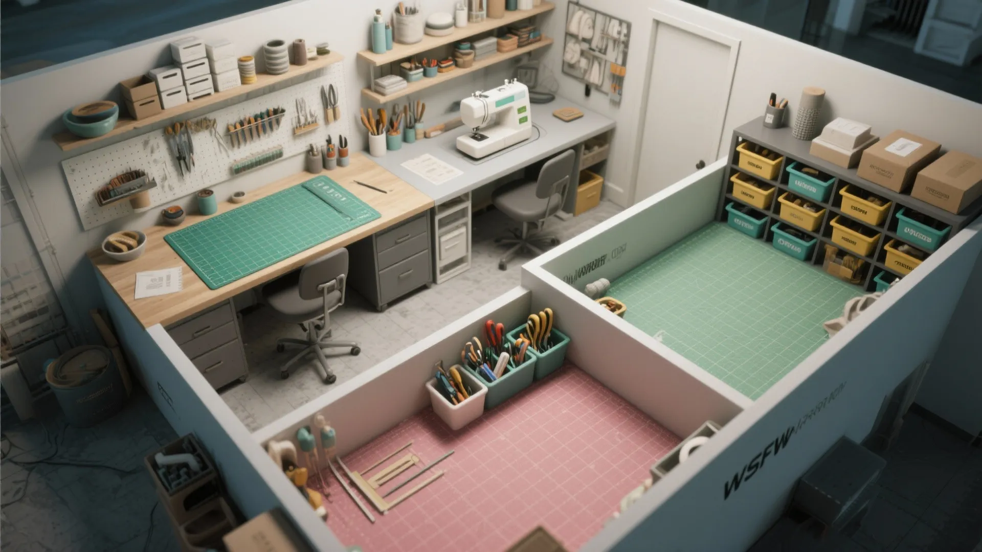 Top down room layout of organized sewing studio with work tables sewing machine and storage bins