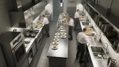 Professional Commercial Kitchen Layout with Stainless Steel