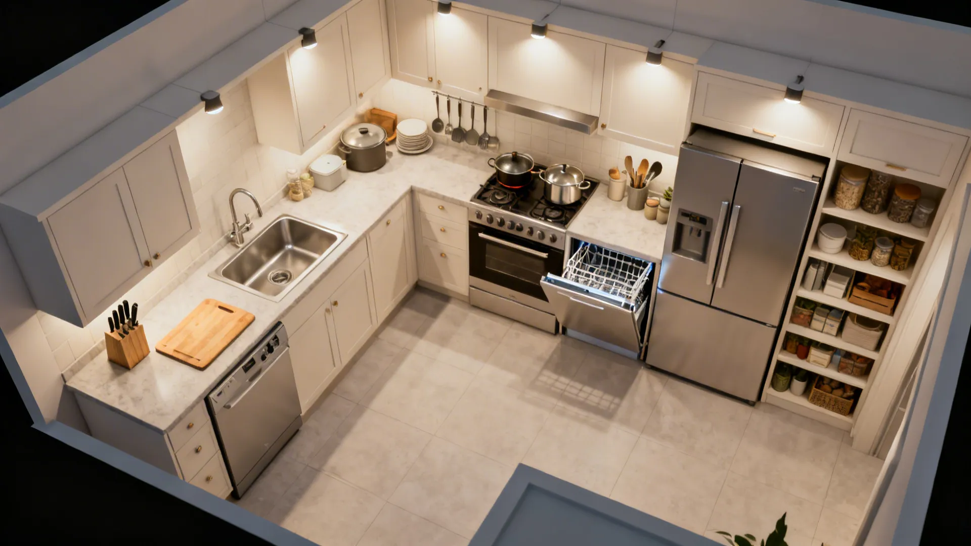 Top down interior design drawing of a white kitchen with silver appliances and open dishwasher