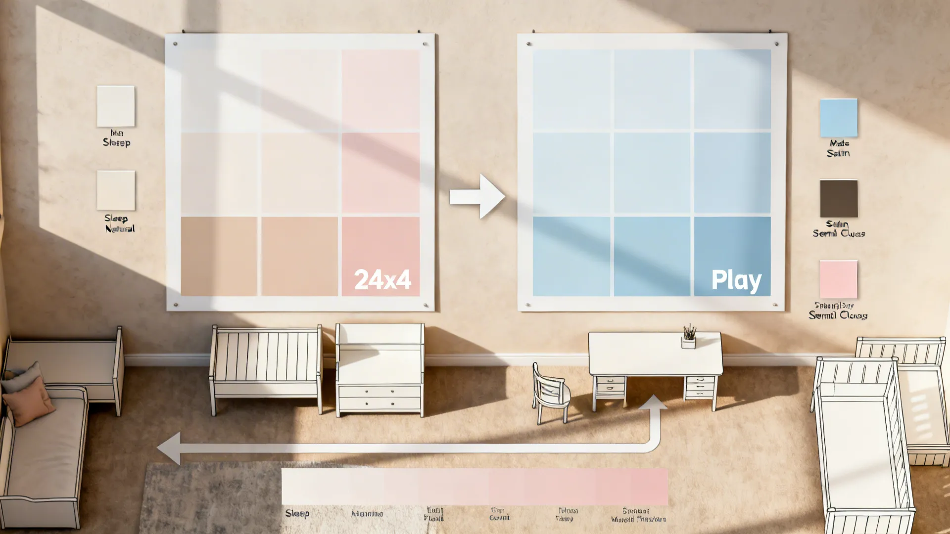 Top-down planning board showing color zones, large paint swatches, and sheen samples for a kids’ room.