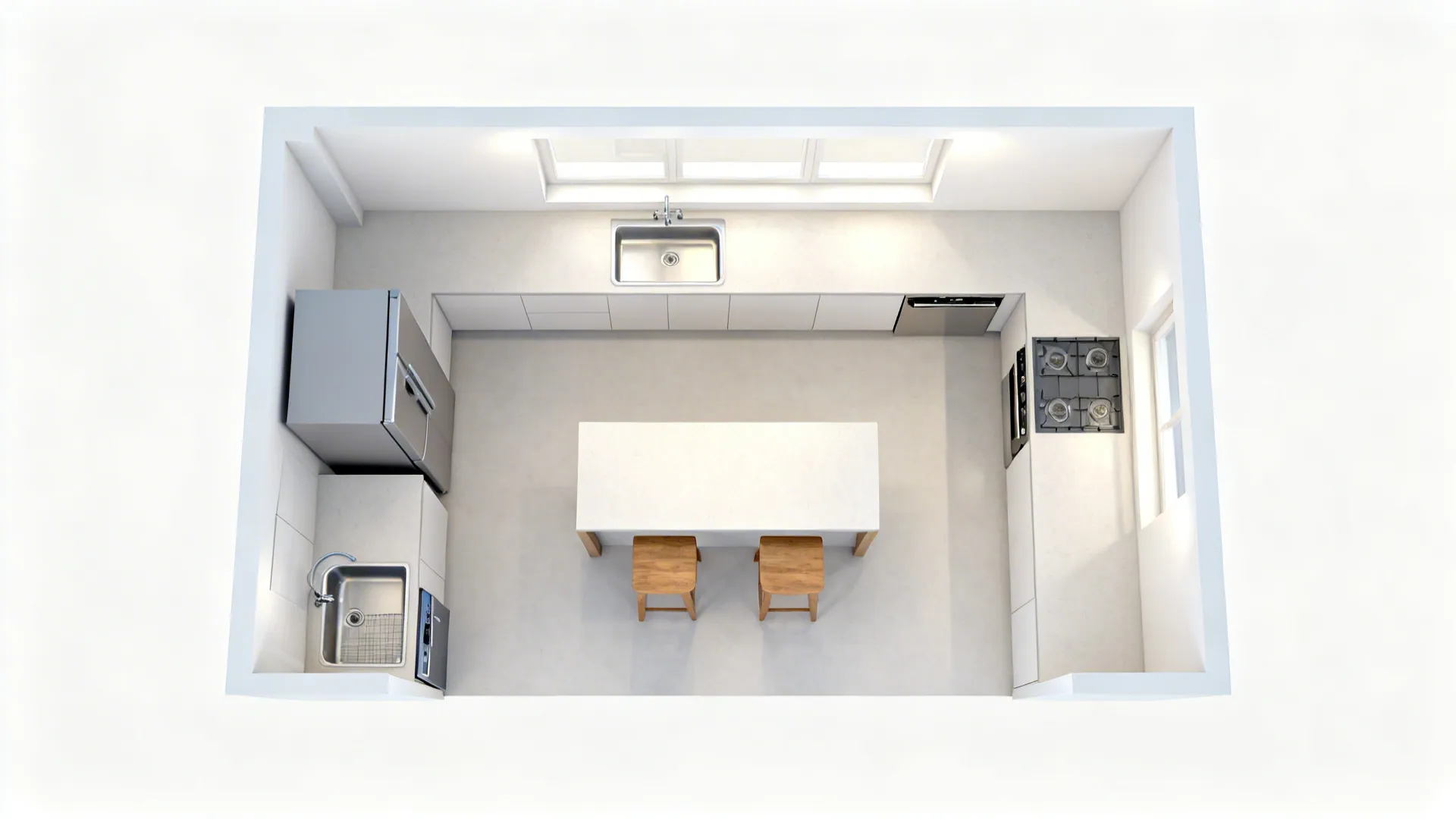 Top-down view of an L-shaped kitchen with a slim island showing a tight work triangle and clear aisles.