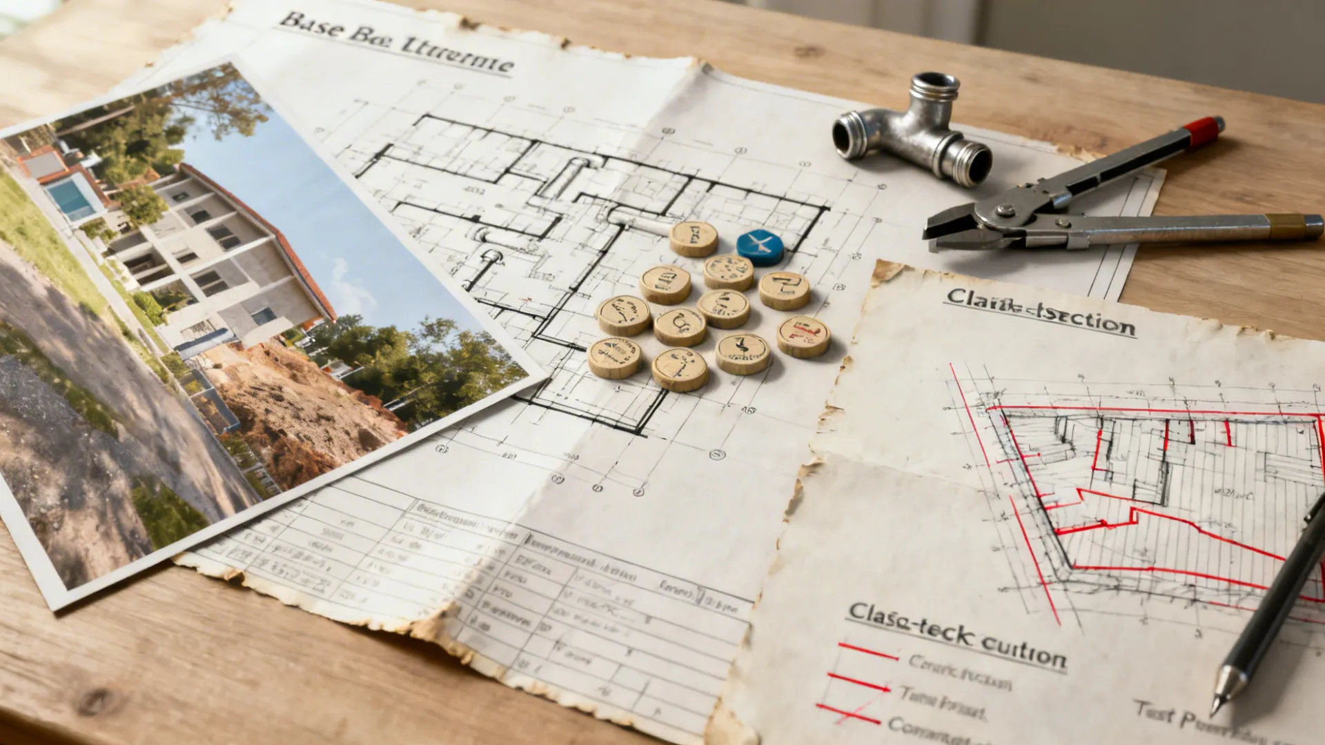 Top-down storyboard of kitchen CAD workflow with plans, sections, tools, and redlines on a desk.