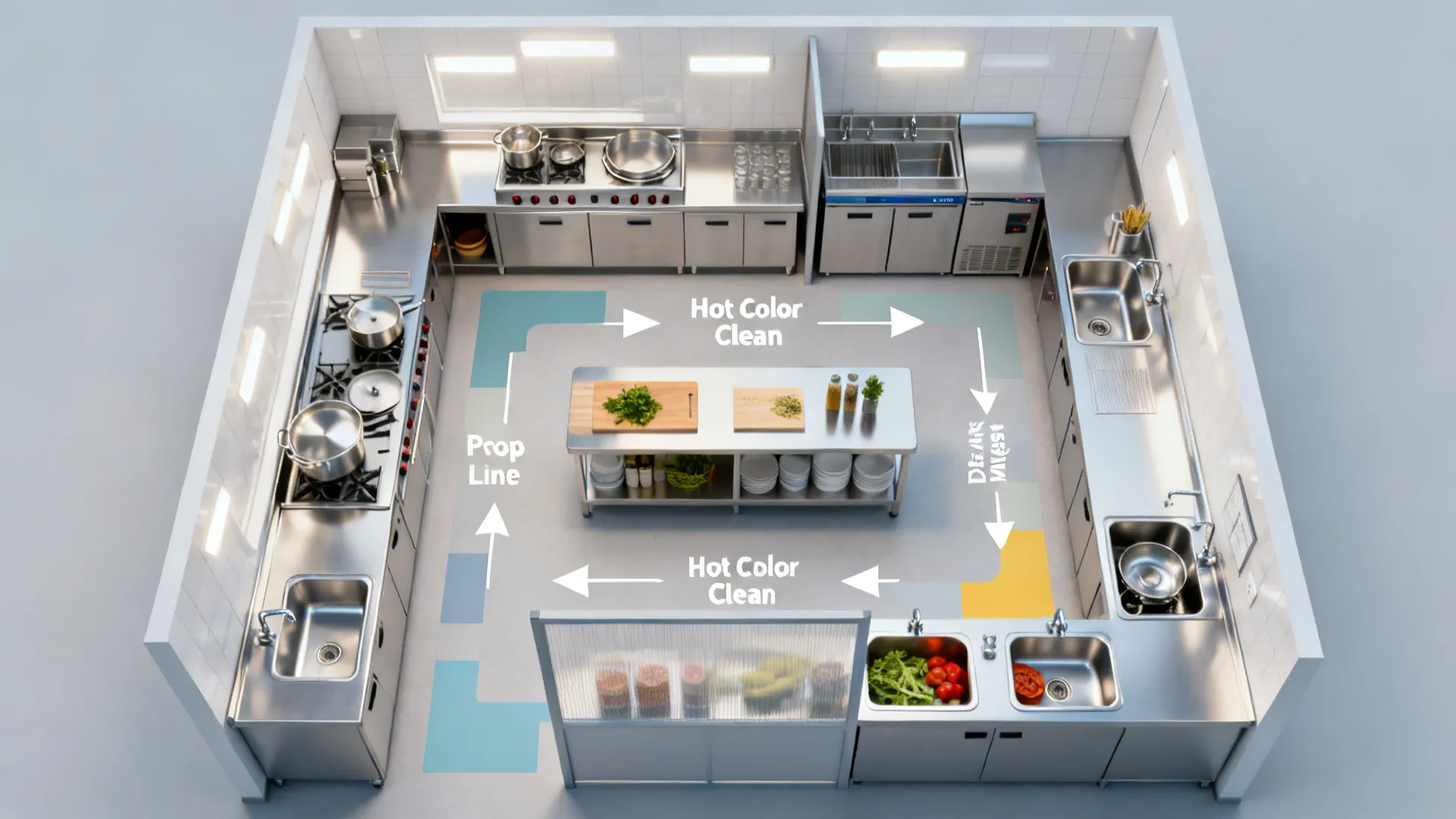 Top-down plan depicting one-way circulation and separated sinks in a small kitchen.