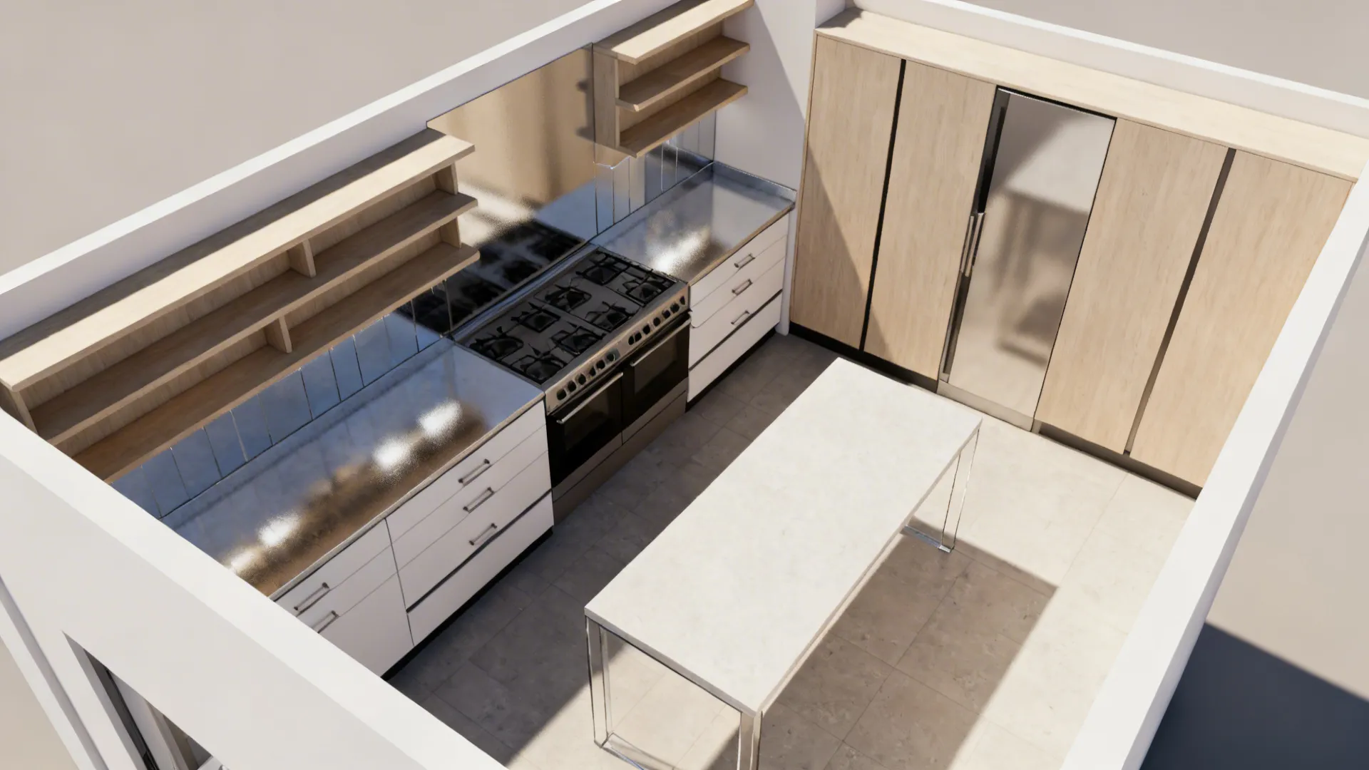 Top-down view showing open shelves, glass backsplash, base drawers, tall pantry, and a slim island layout.
