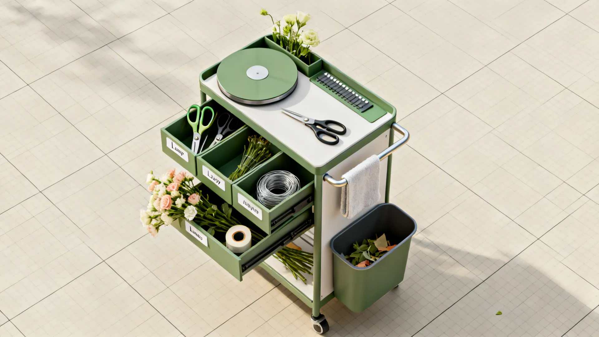 Compact florist’s workflow on wheels