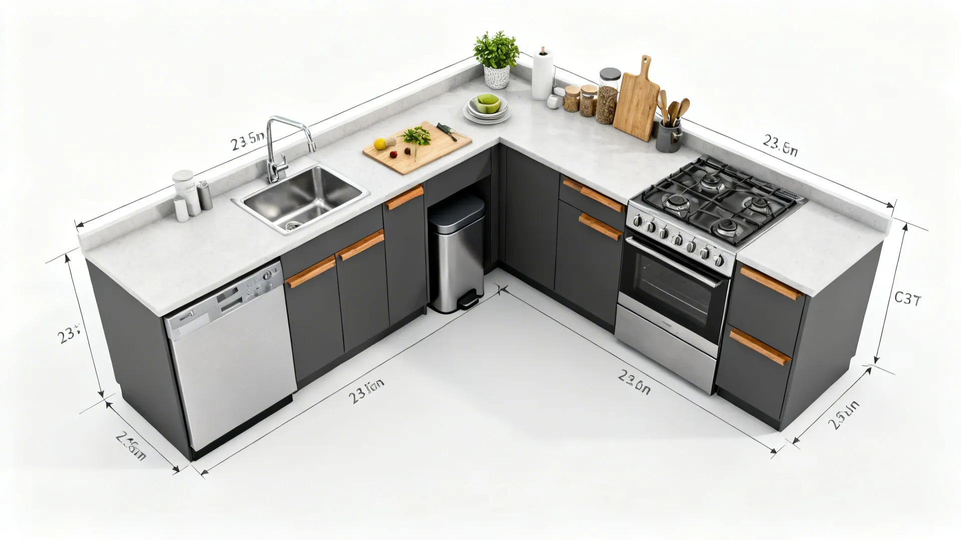 Top-down compact kitchen plan mapping efficient sink, dishwasher, trash, and cooktop sequence.