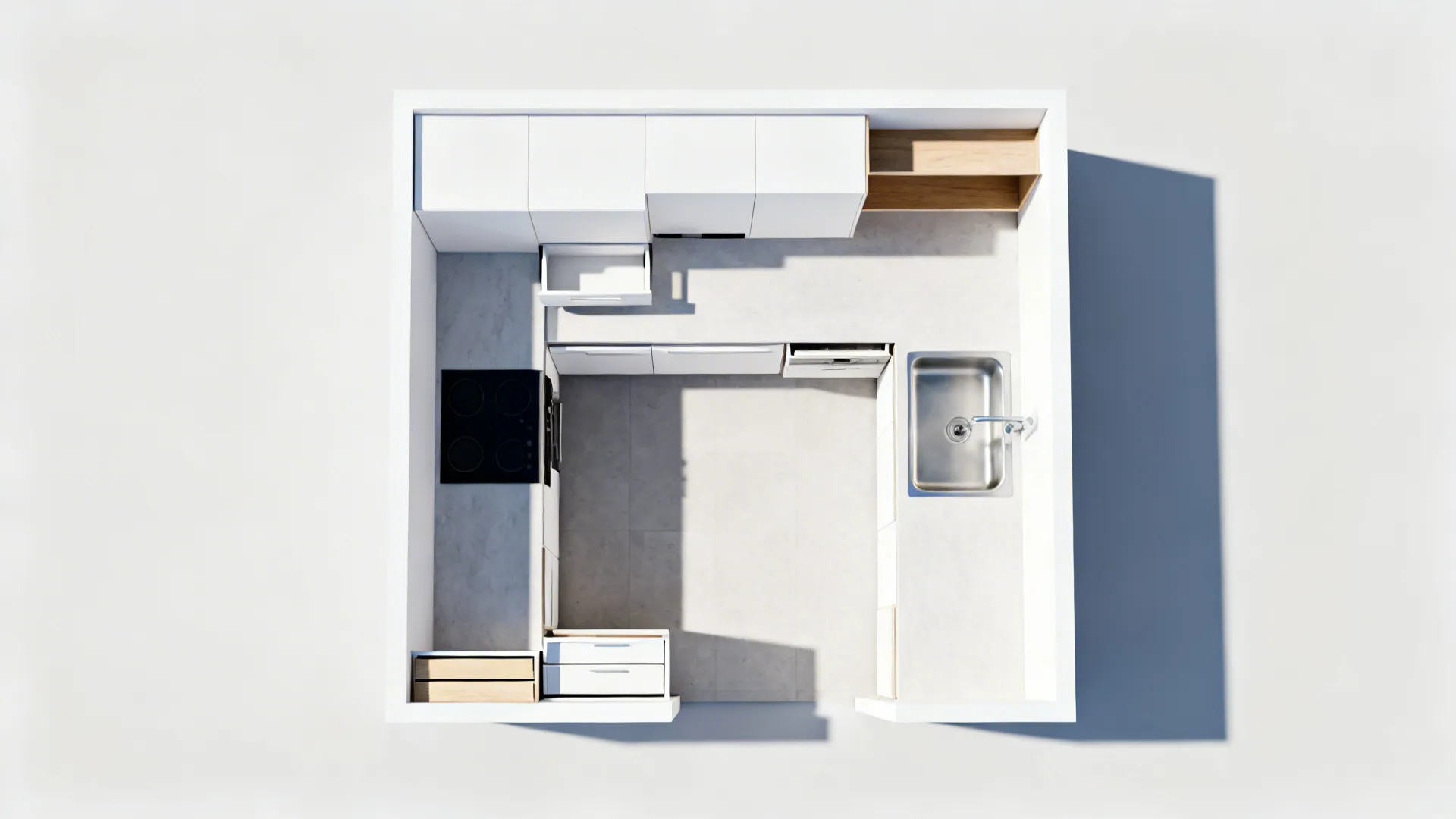 Top down interior design drawing showing a small kitchen layout with white cabinets and sink