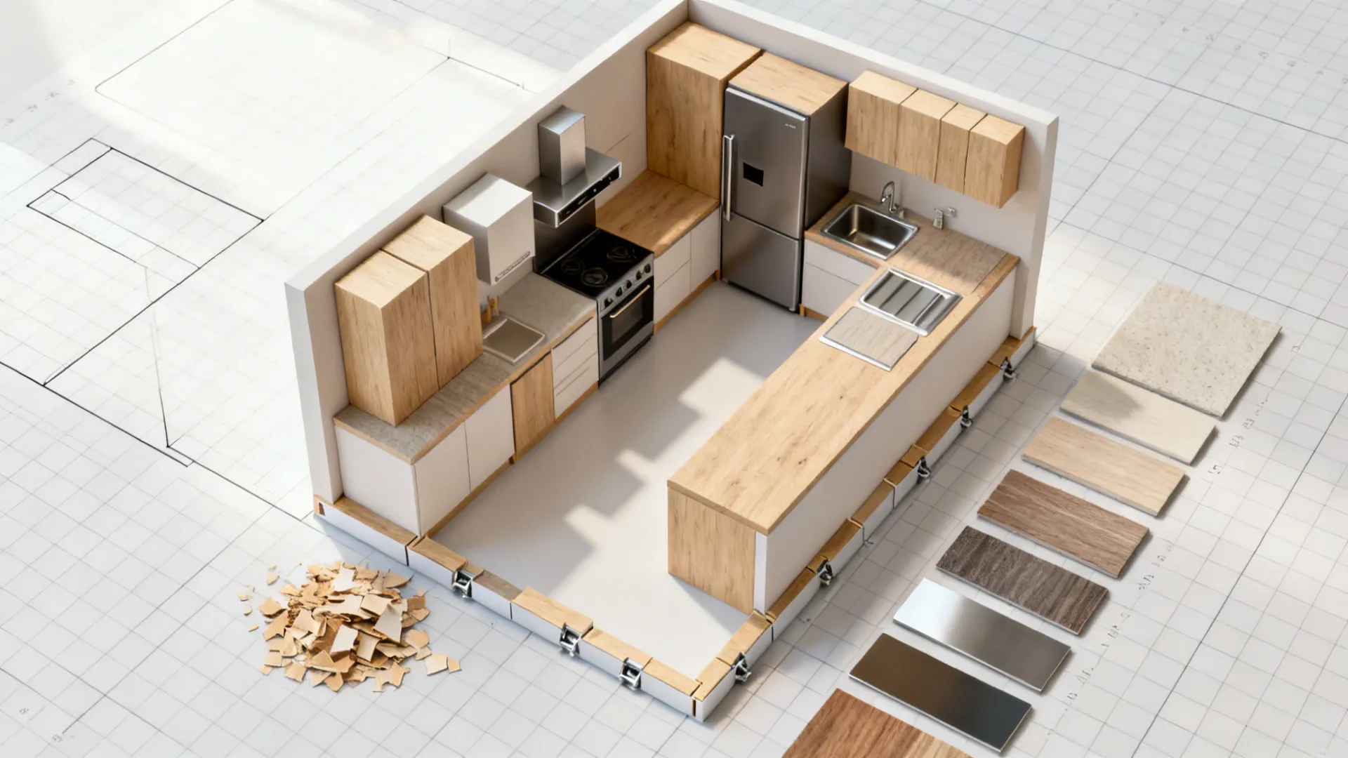Top-down process board showing room outline, appliances, base modules, and finish swatches arranged in sequence.