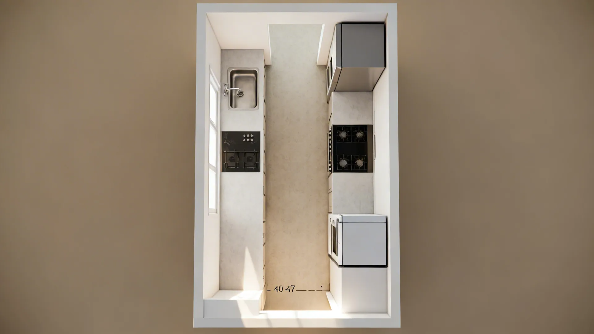 Top-down view showing sink, prep, and cook aligned on one run with tall units opposite.