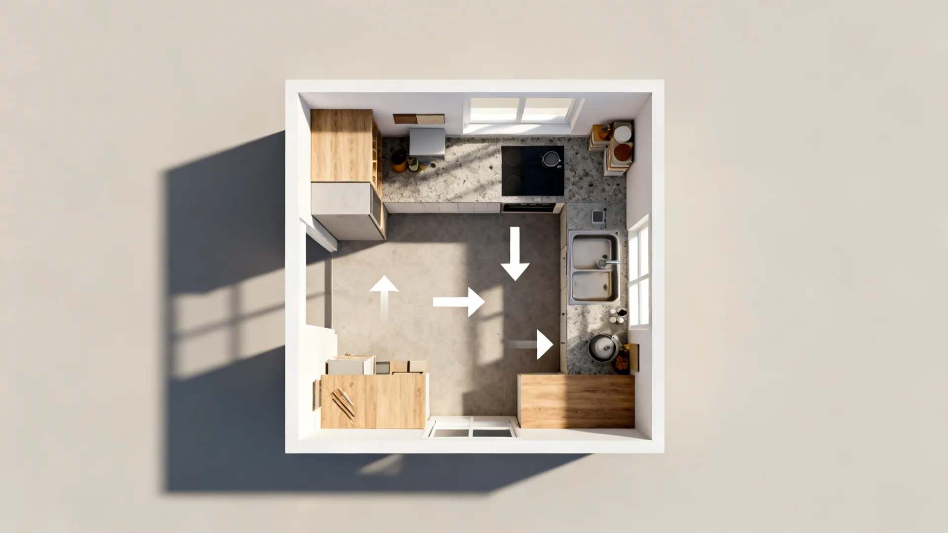 Top down interior design drawing of a small kitchen layout with white arrows showing movement