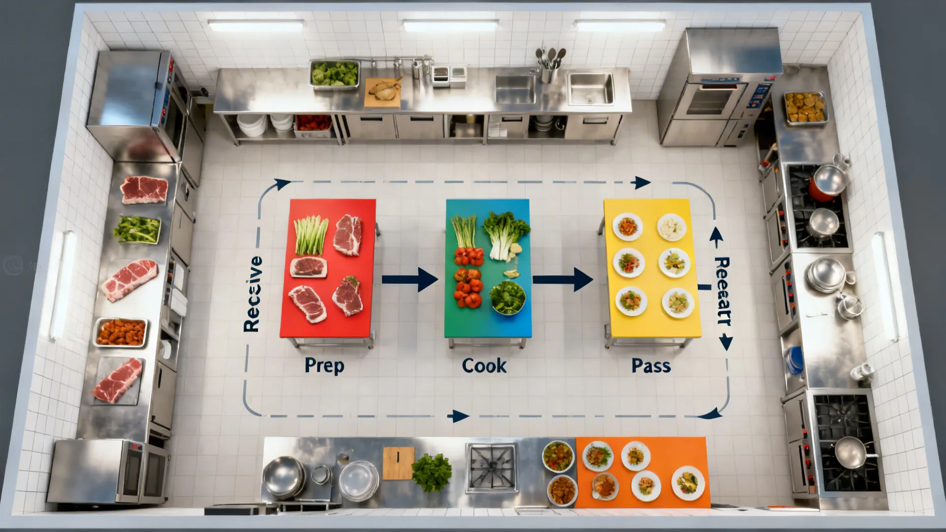 Top-down visualization of receive–prep–cook–pass–dish workflow and zoning in a small kitchen.