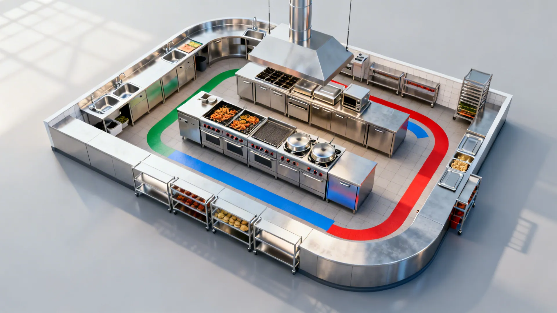 Top-down view of a compact kitchen showing segregated paths and a closed-loop workflow.