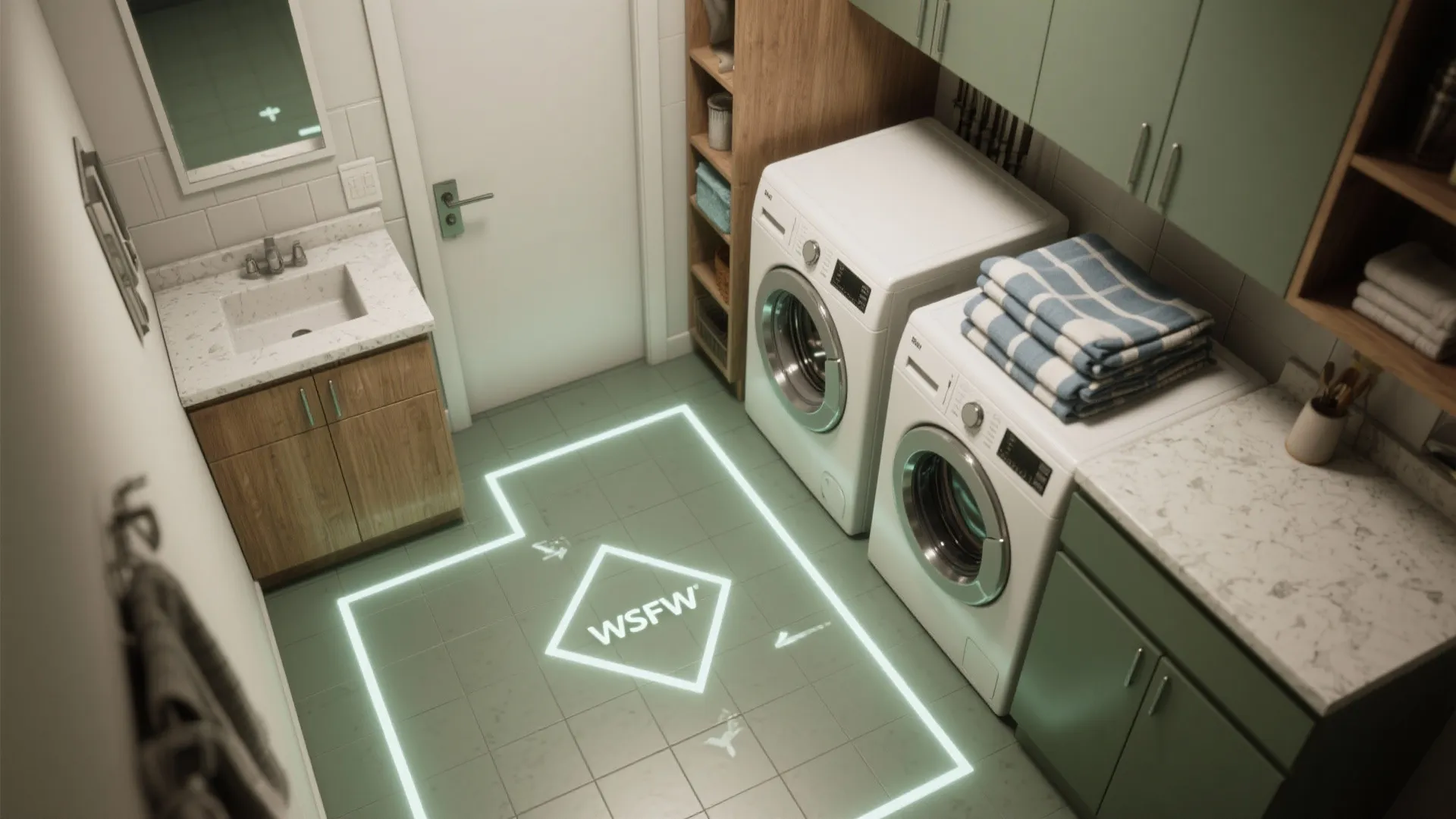 Green laundry room layout with white washing machines wooden sink cabinet and glowing floor design graphics