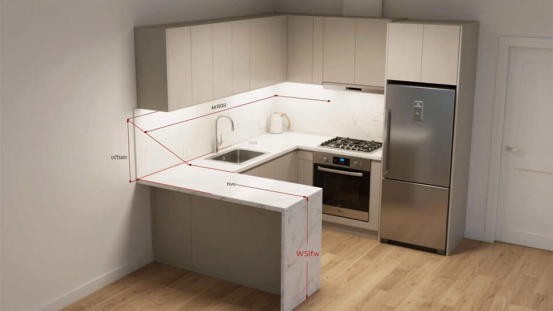 Modern kitchen with grey cabinets marble countertop sink oven fridge and red interior design drawing lines