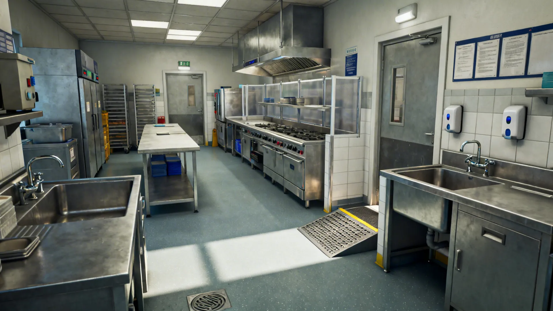 Compact workflow with separated cook line, prep, pass, and dishwash zones in a UK kitchen.