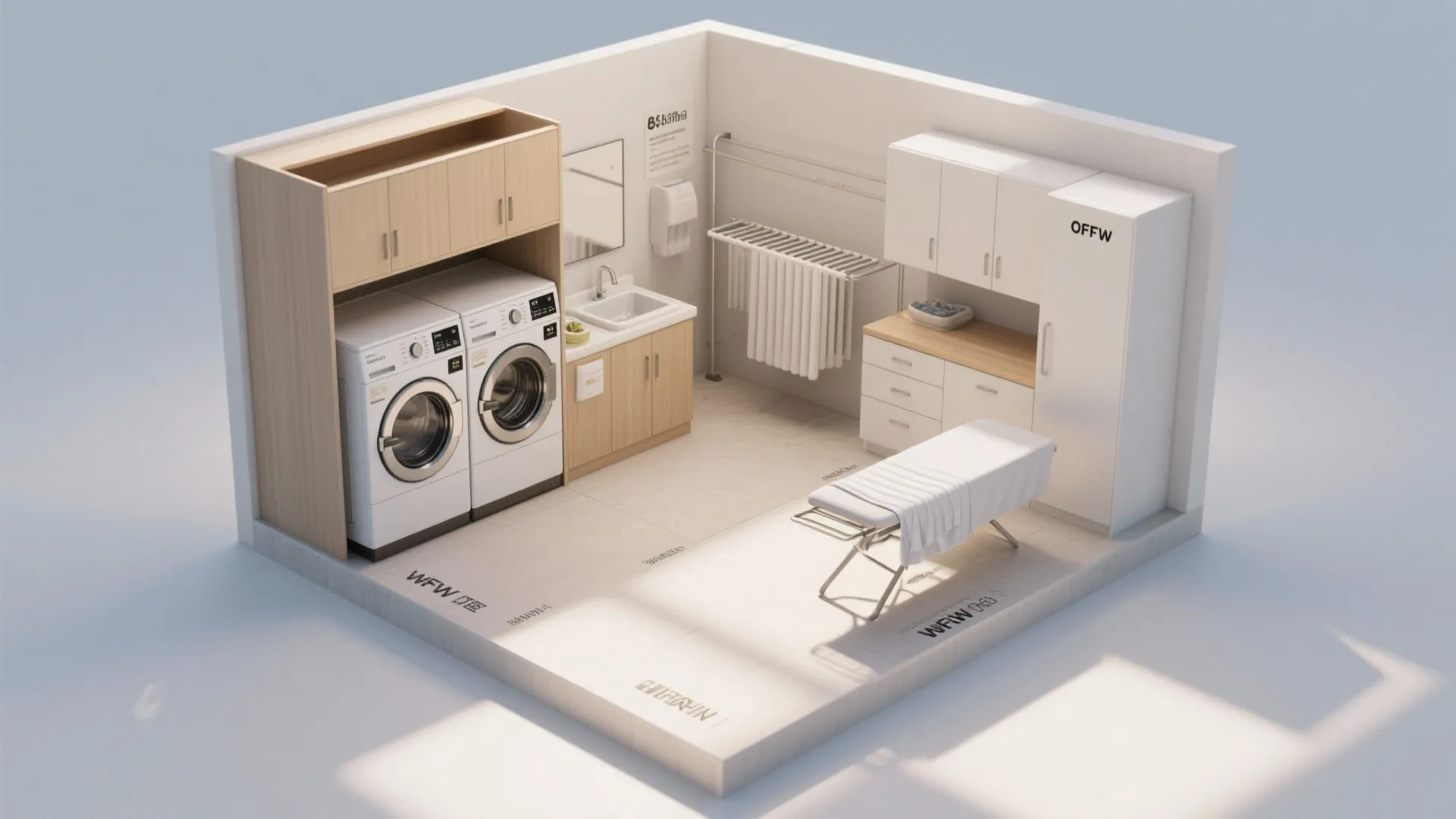 Small laundry room layout with washing machines and white cabinets shown in 3D perspective view