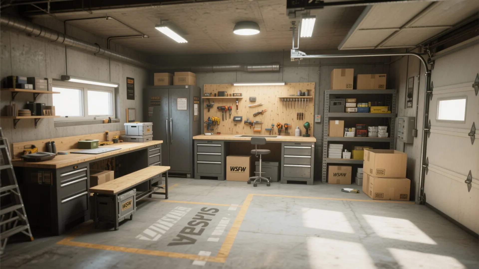 Well organized garage workshop with wooden workbench metal cabinets storage shelves ceiling lights and tool rack