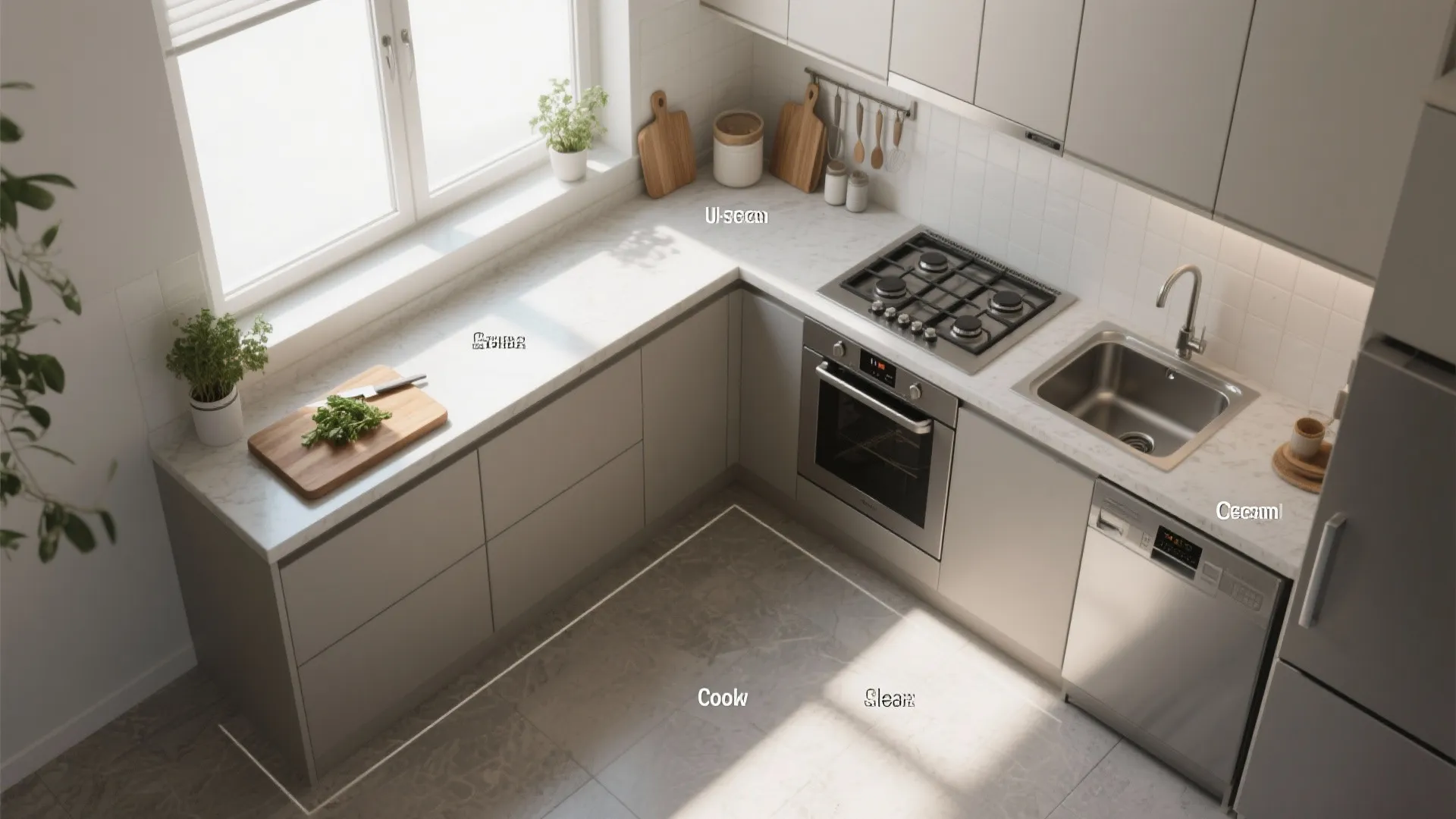 Modern kitchen with grey cabinets white marble countertop sink stove and natural light from window