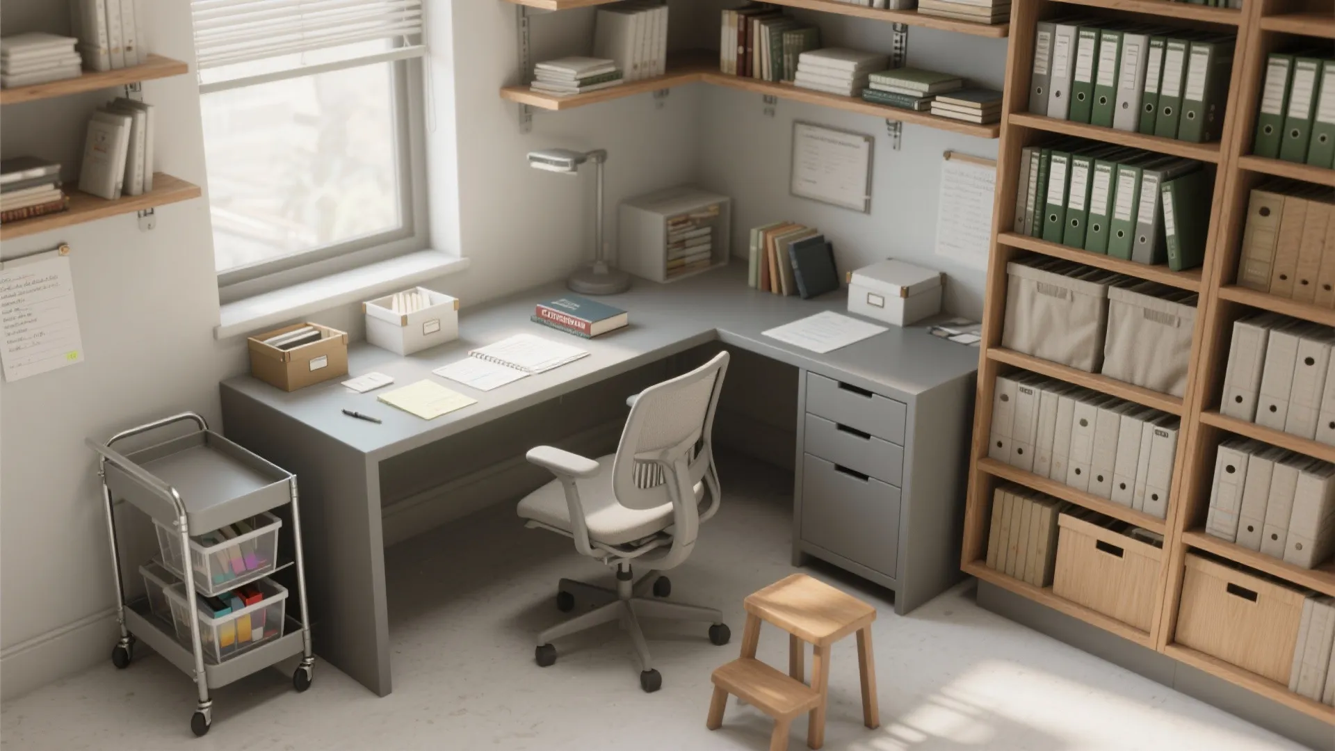 Home office with grey corner desk white chair wooden shelves green files and small stool