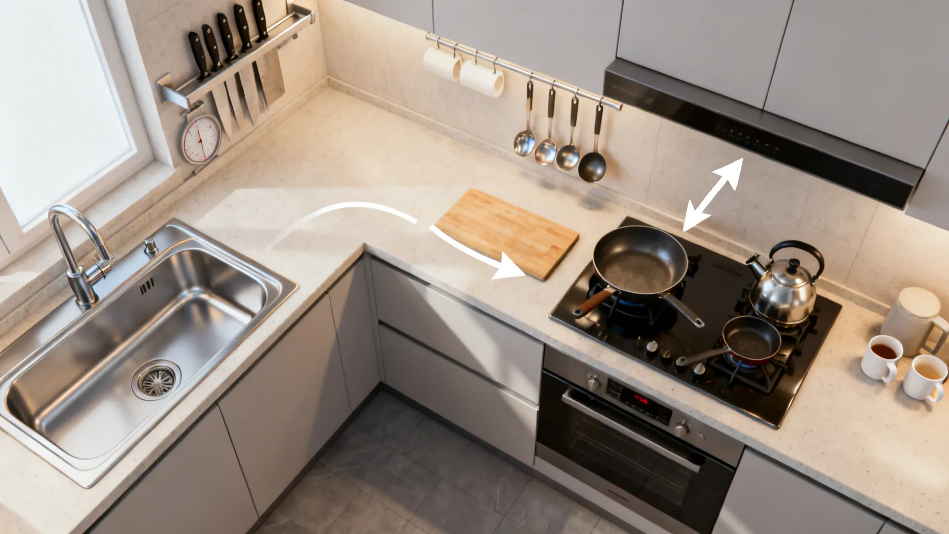 Top-down kitchen plan showing rail, knife, and mug placements aligned with prep, cook, and beverage zones.