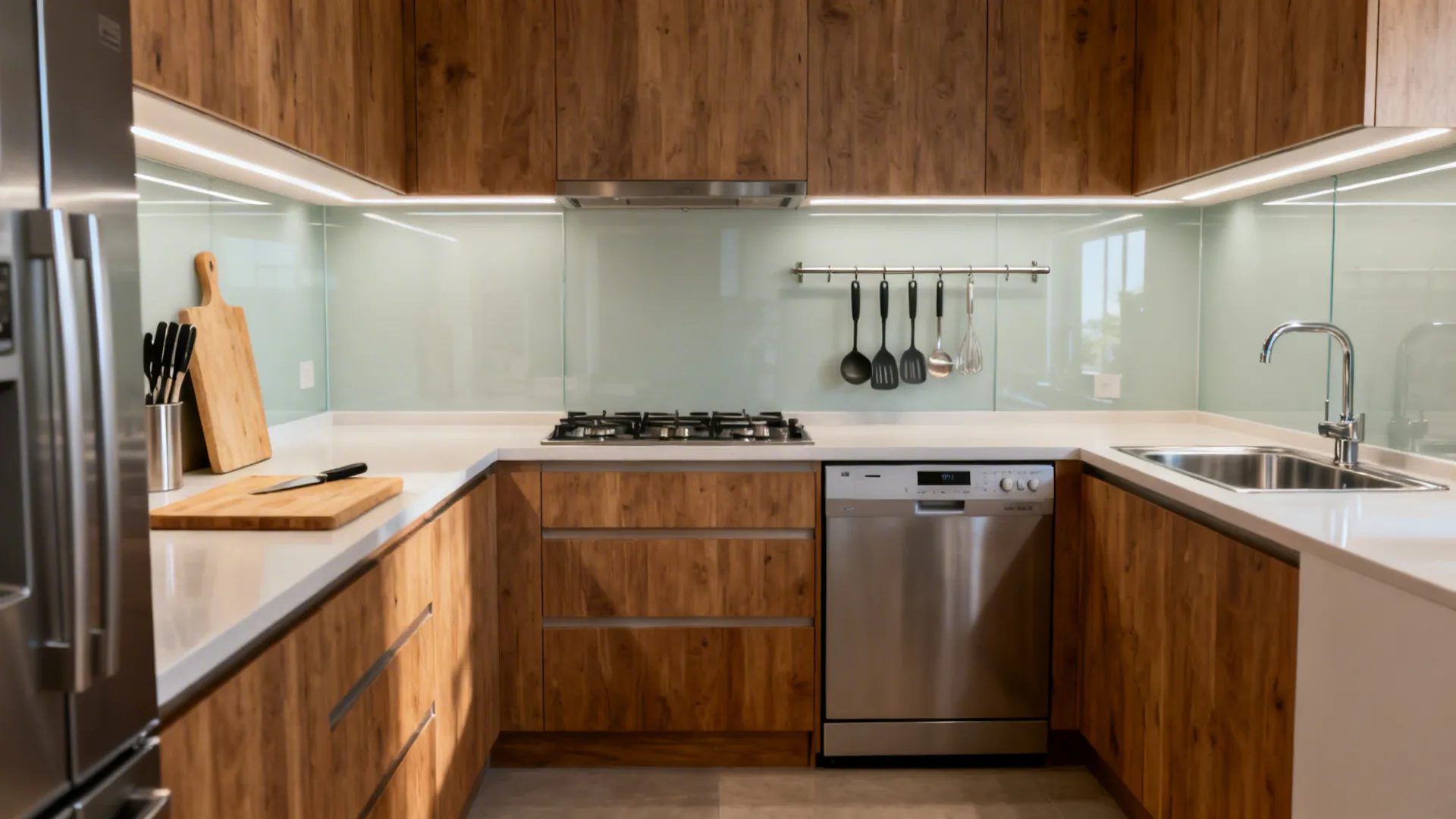 L-shaped kitchen with prep by fridge, cooking at range, and cleaning at sink for efficient flow.